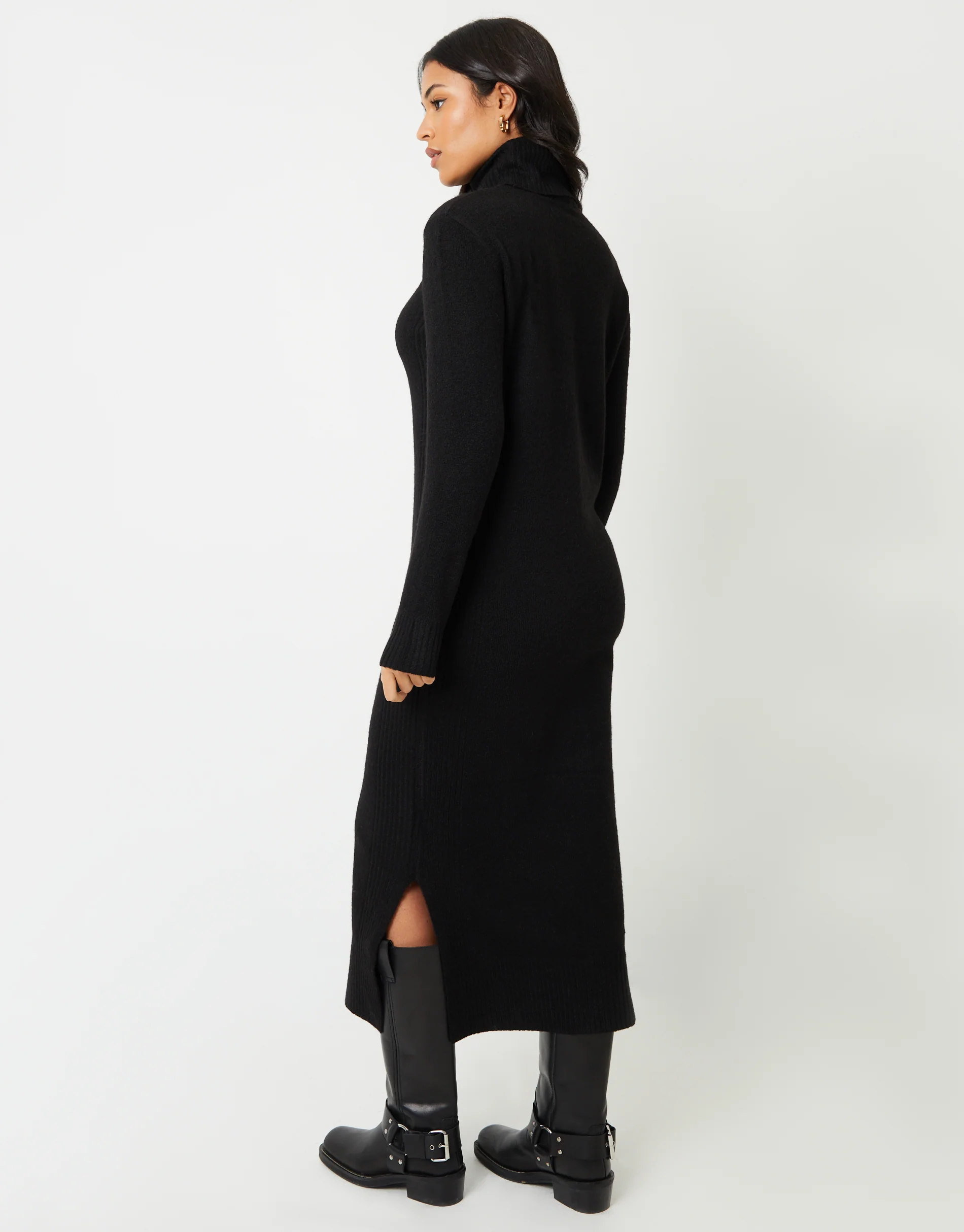 Knitted Roll Neck Maxi Dress in Black - Image 3