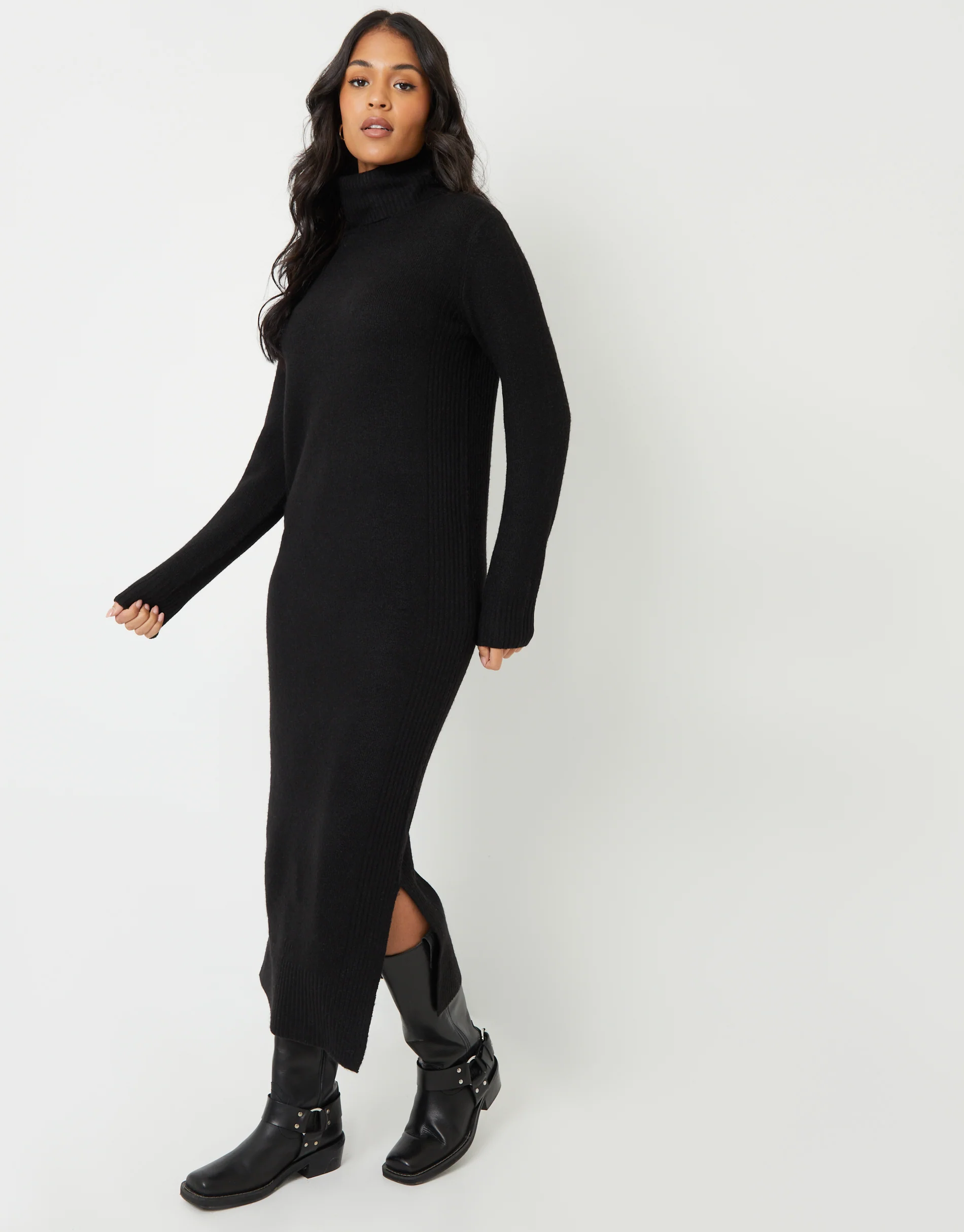 Knitted Roll Neck Maxi Dress in Black - Image 4