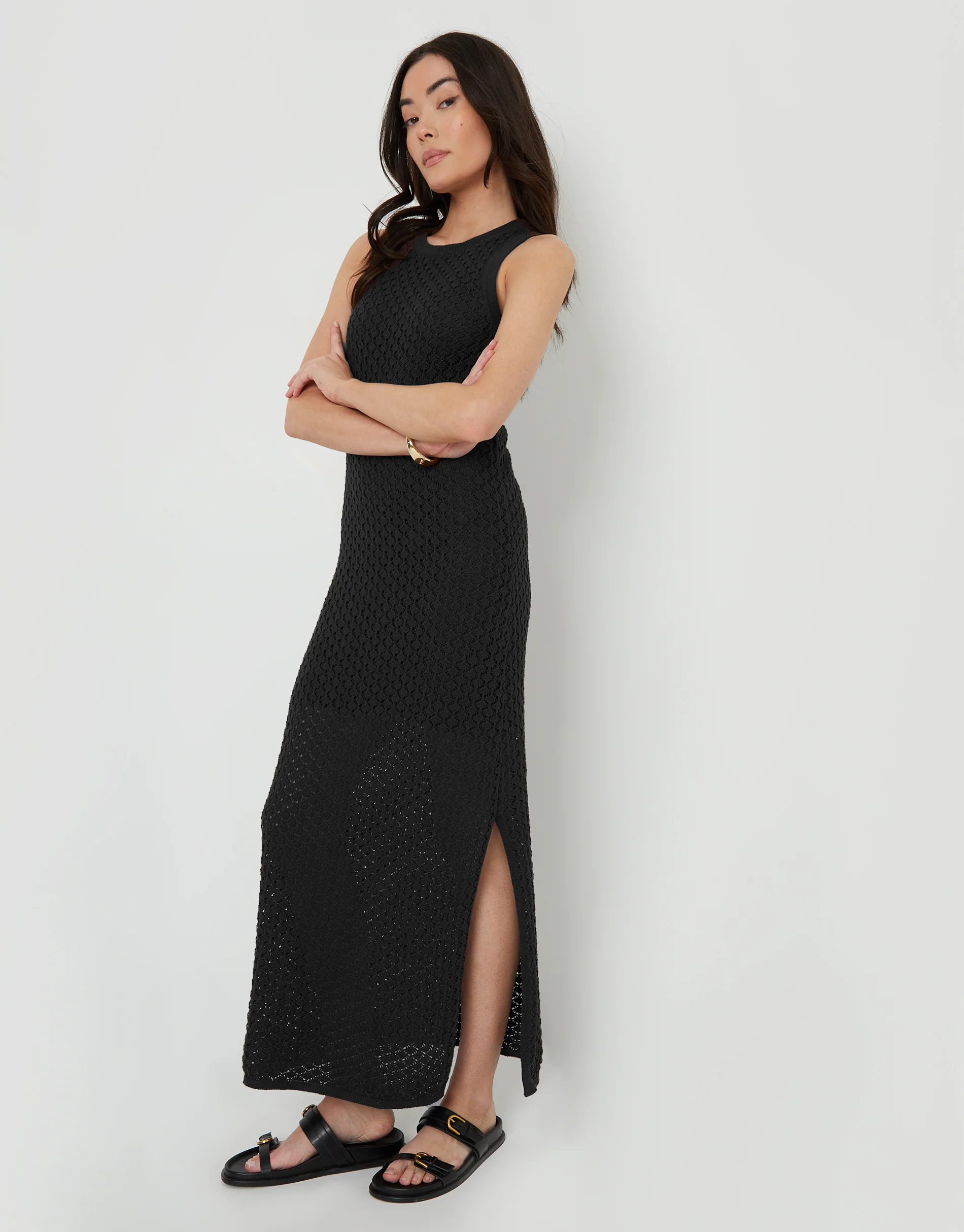 Lined Knitted Racer Maxi Dress in Black - Image 3