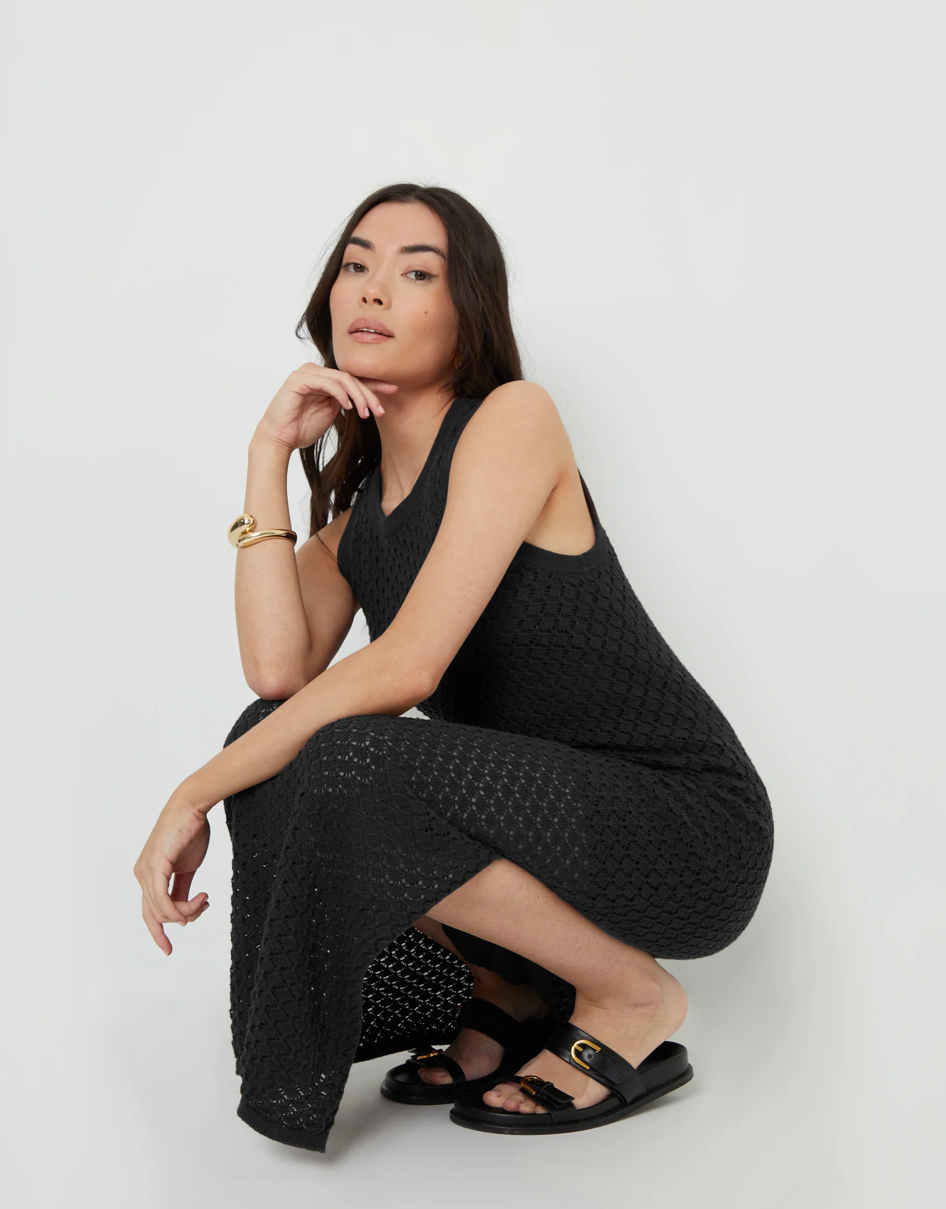 Lined Knitted Racer Maxi Dress in Black - Image 5