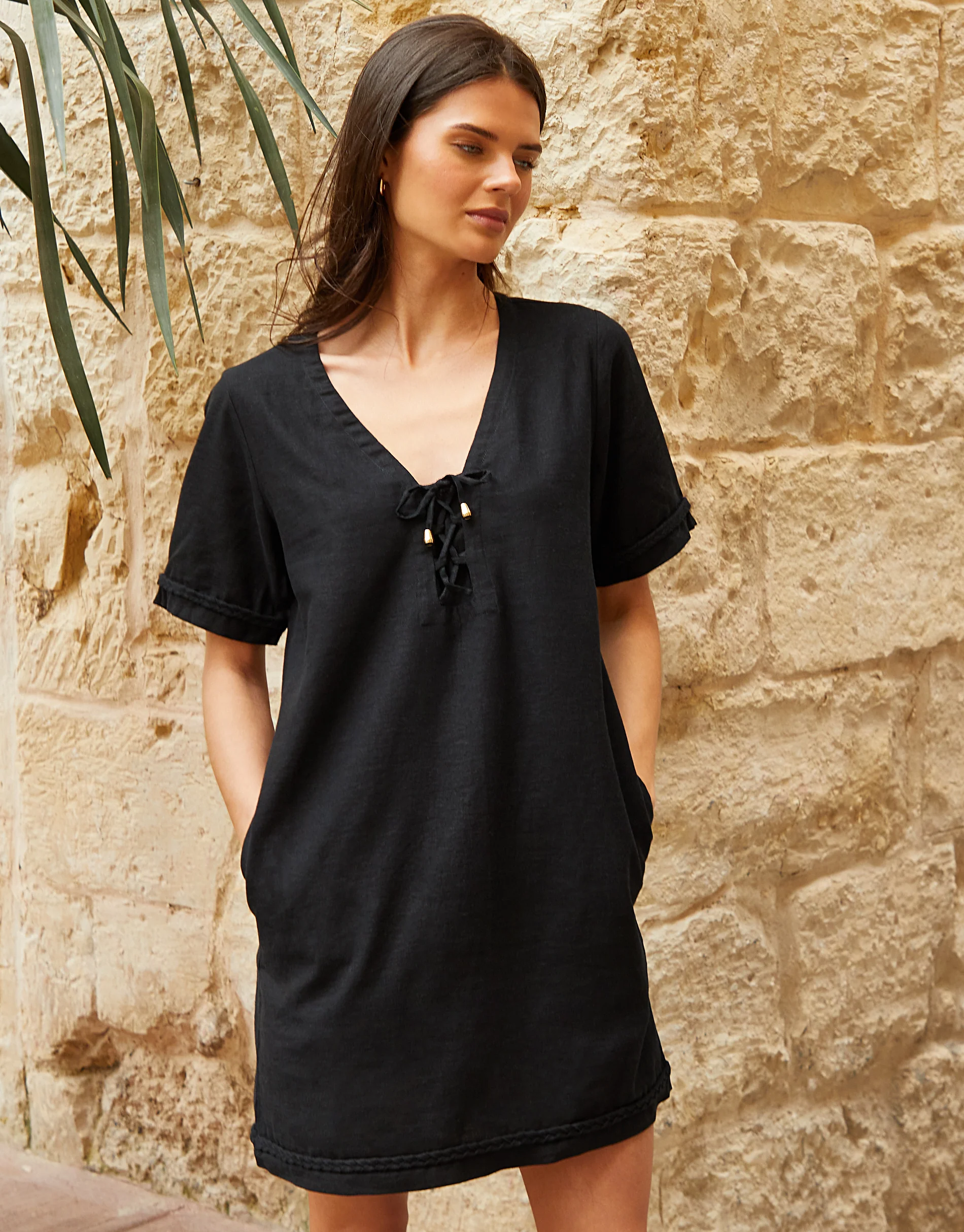 Linen Blend Lace Front Detail T-Shirt Dress in Black