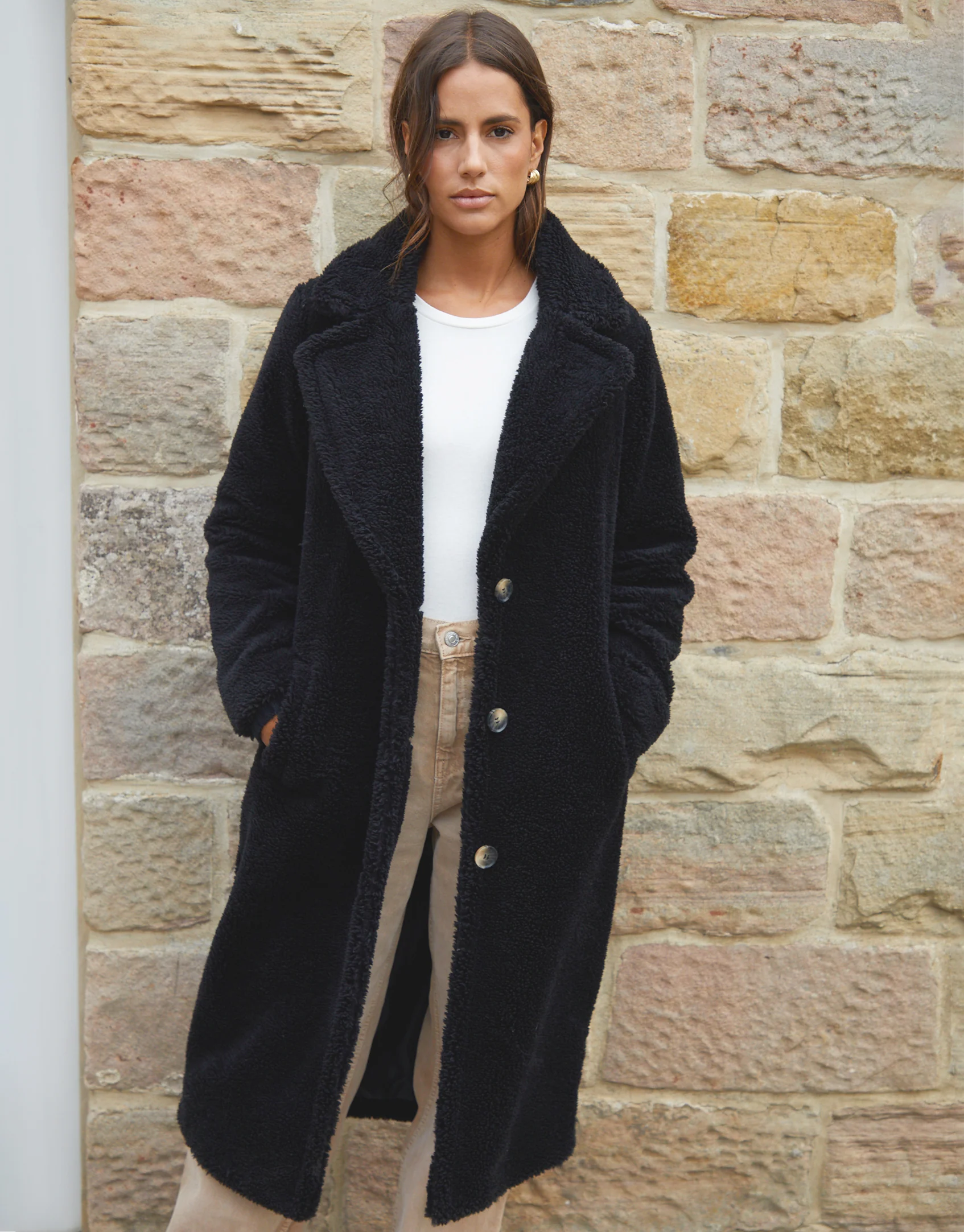 Longline Borg Teddy Coat in Black
