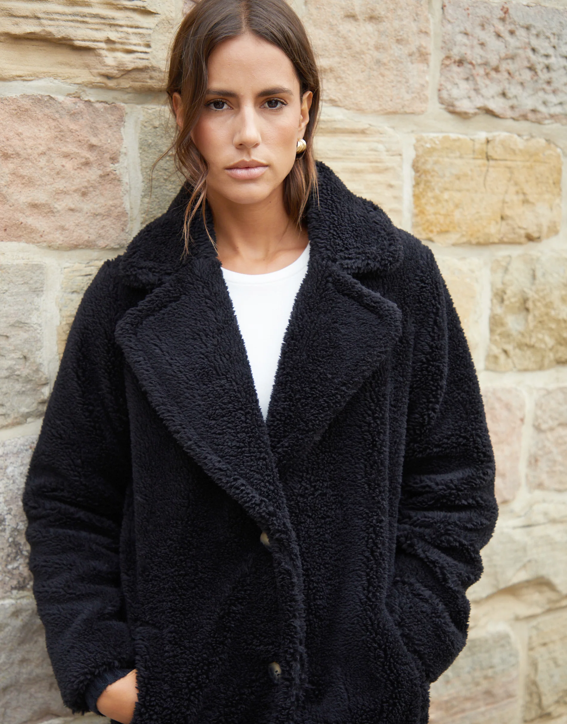 Longline Borg Teddy Coat in Black - Image 3