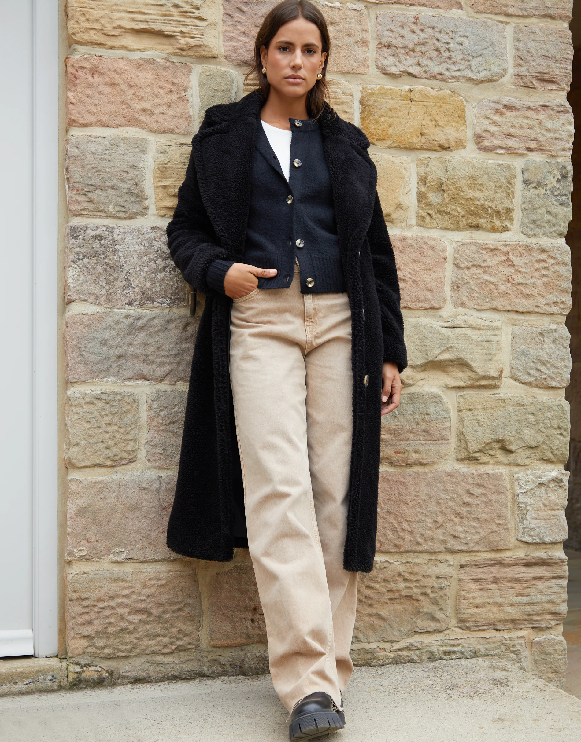 Longline Borg Teddy Coat in Black - Image 4