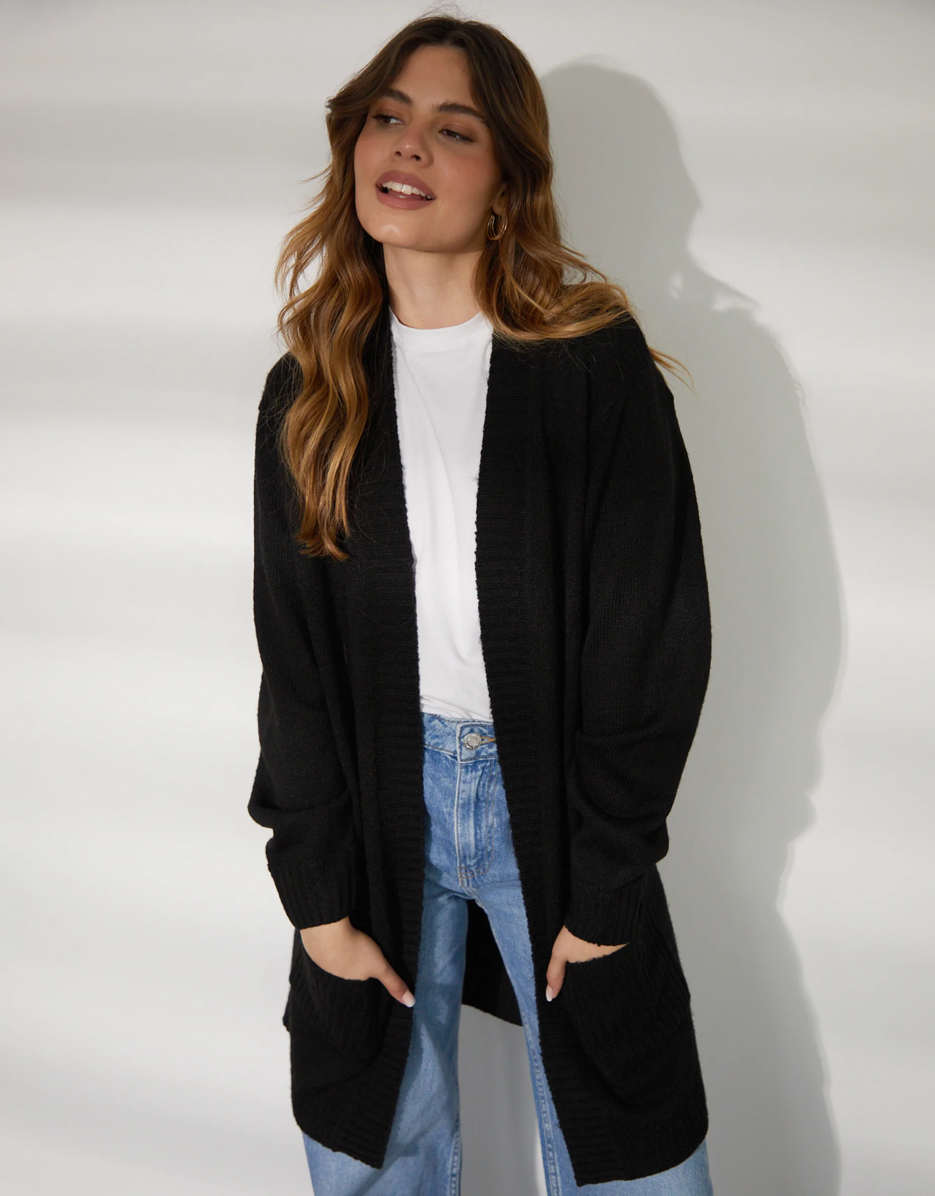 Longline Knitted Open Cardigan in Black - Image 5