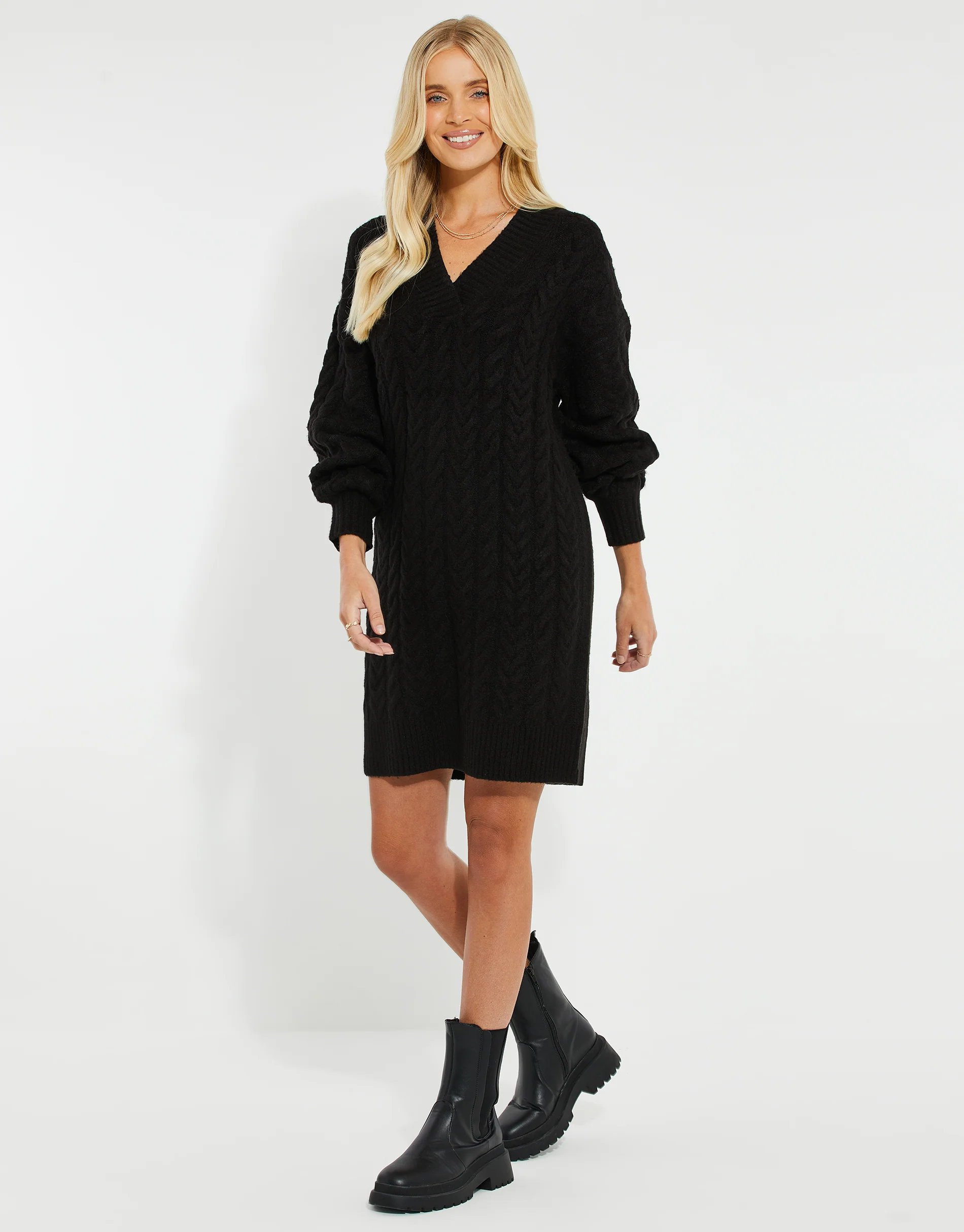 Cable Knit V-Neck Jumper Dress in Black
