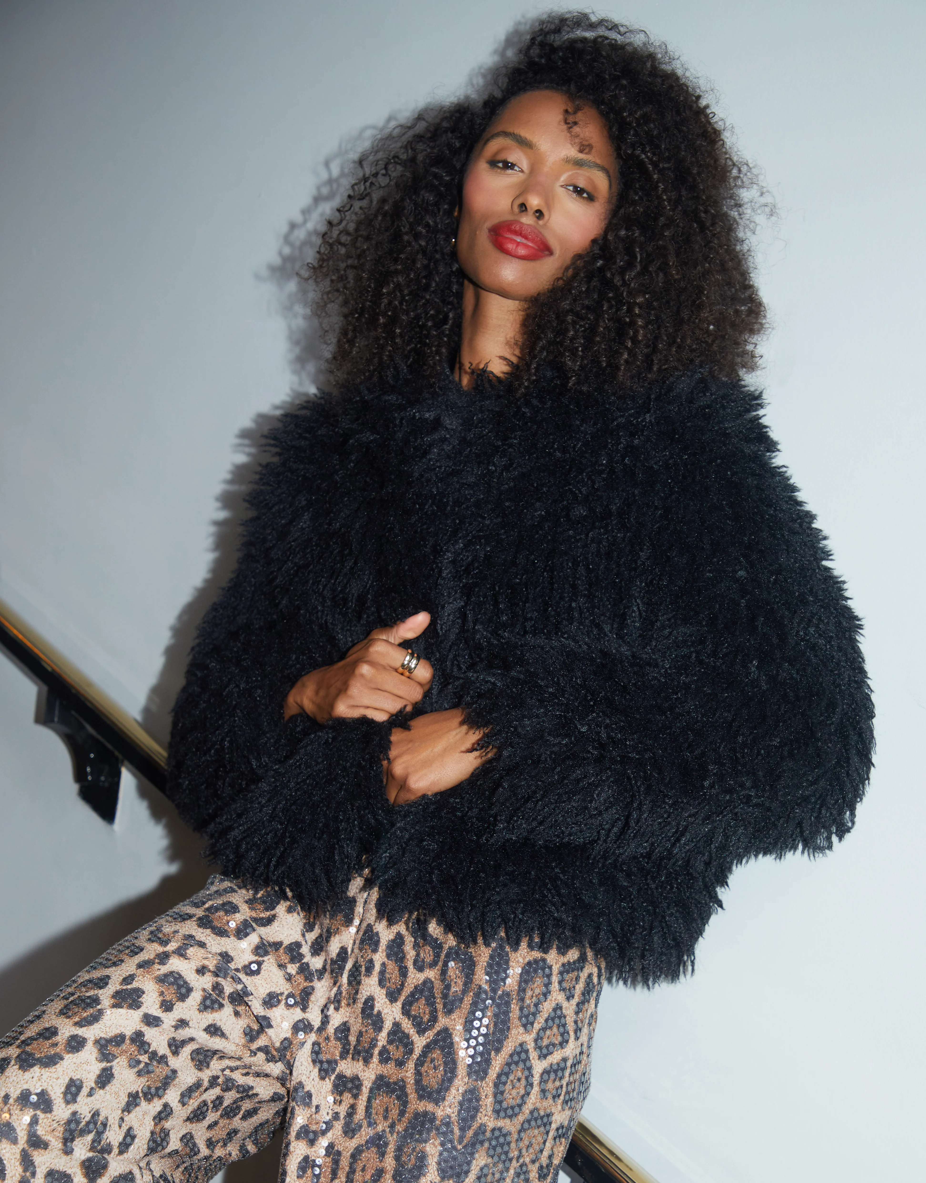 Mongolian Faux Fur Coat in Black - Image 3