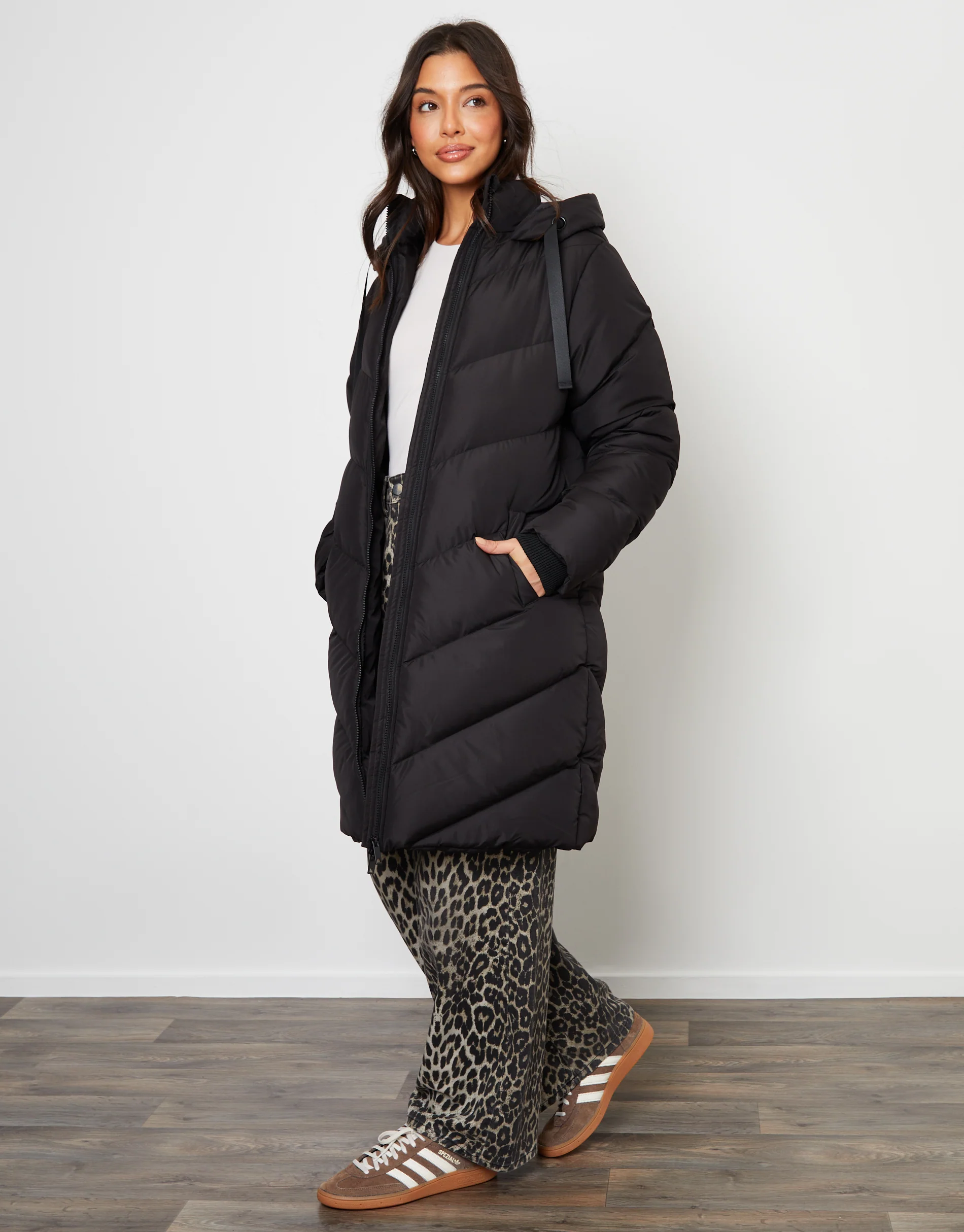 Padded Mid Length Hooded Puffer Jacket in Black - Image 3