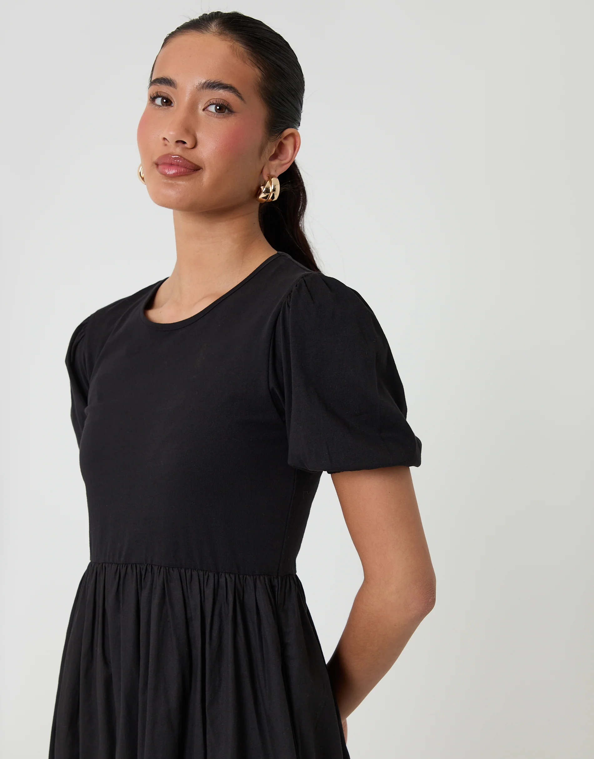 Puff Sleeve Jersey Poplin Mix Maxi Dress in Black - Image 3