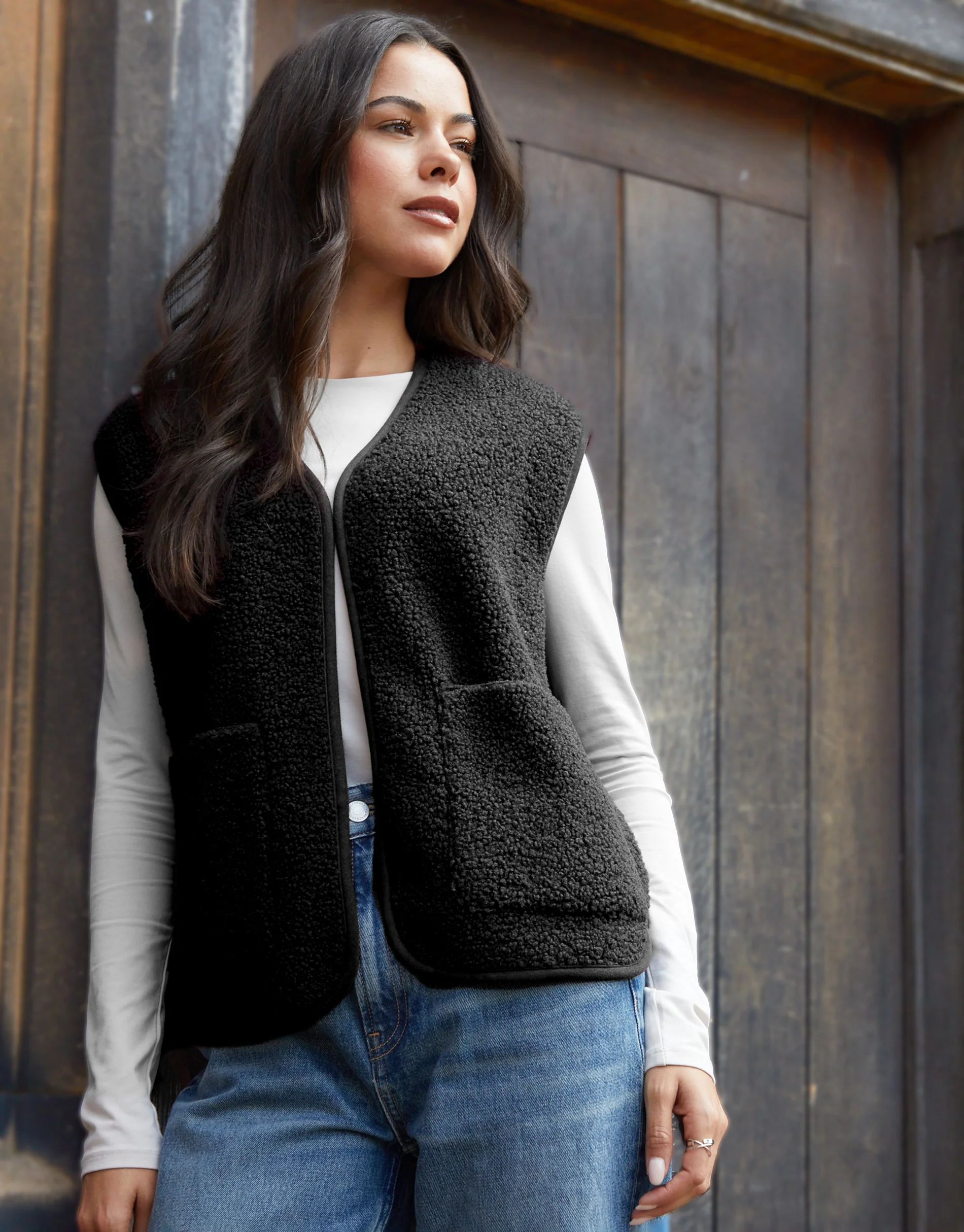 Reversible Fleece Borg Gilet in Black