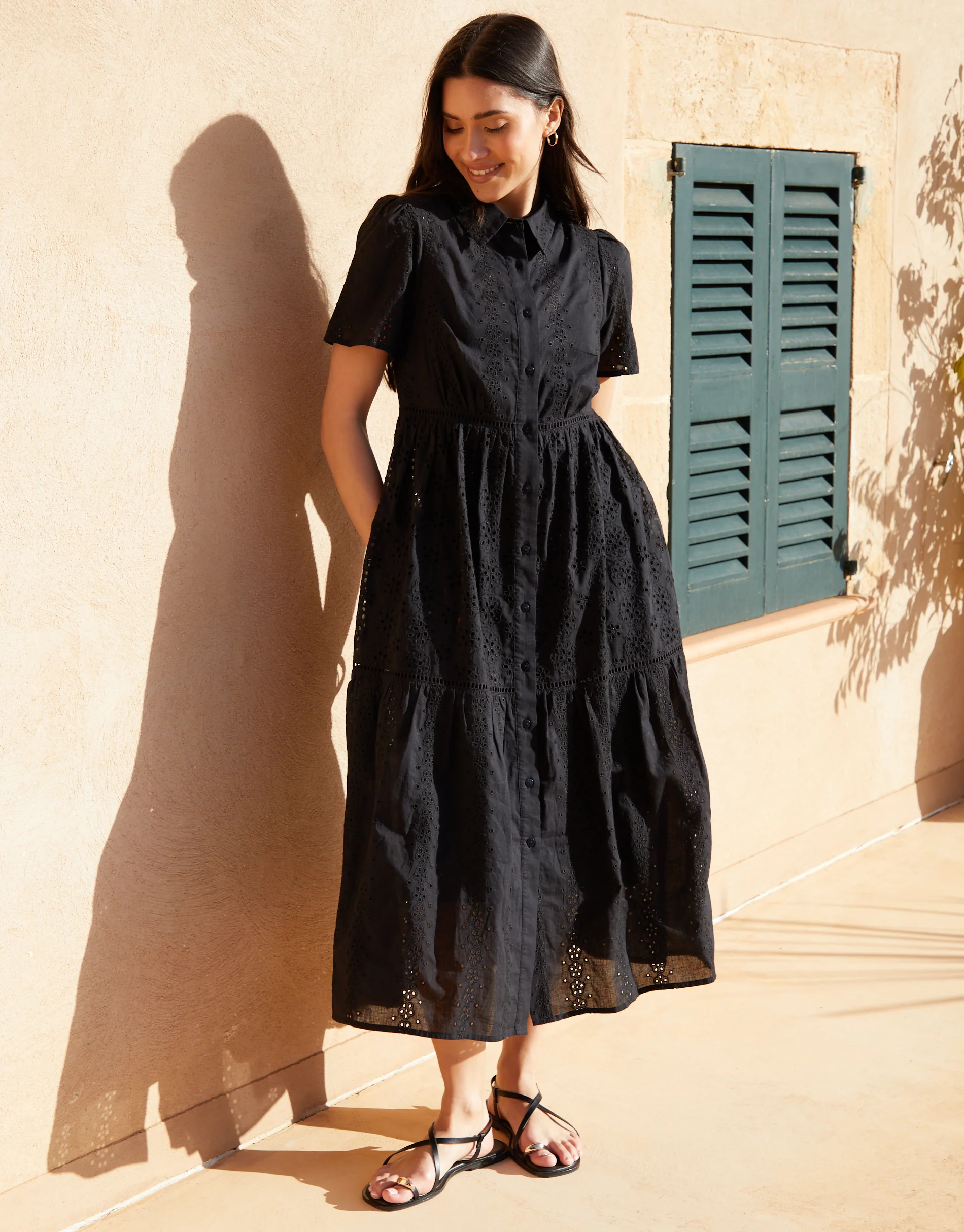 Short Sleeve Collared Broderie Maxi Shirt Dress in Black