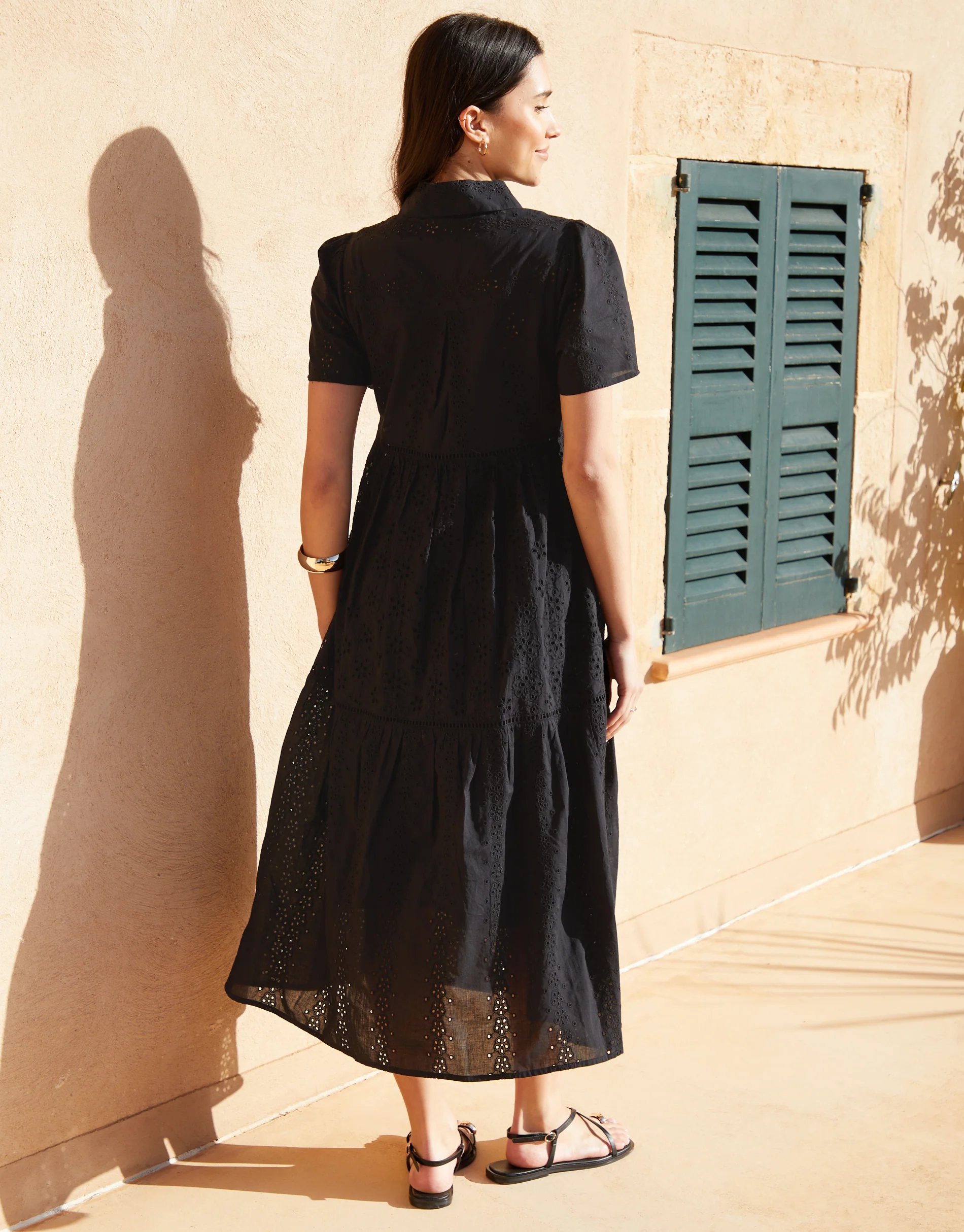 Short Sleeve Collared Broderie Maxi Shirt Dress in Black - Image 2