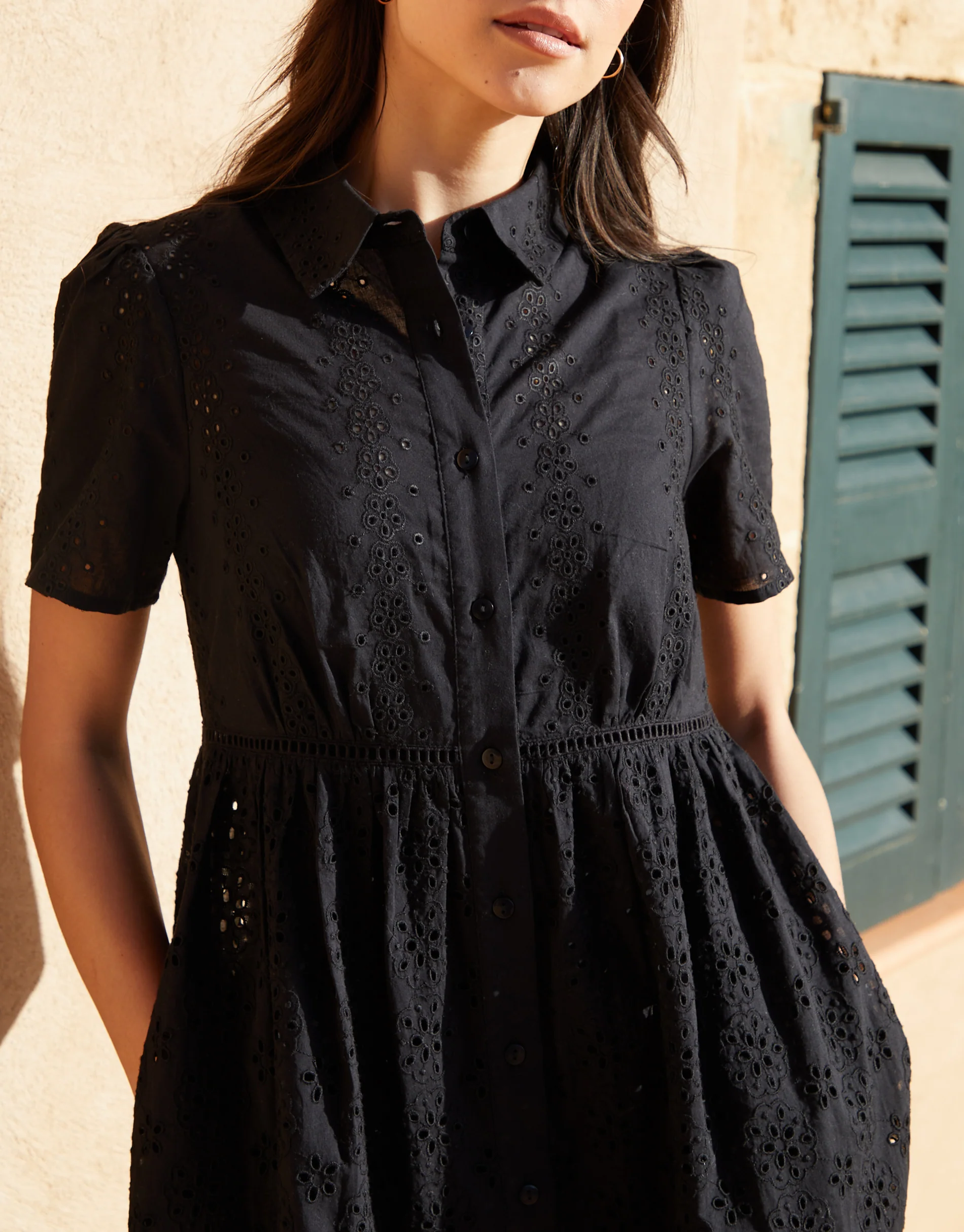 Short Sleeve Collared Broderie Maxi Shirt Dress in Black - Image 3