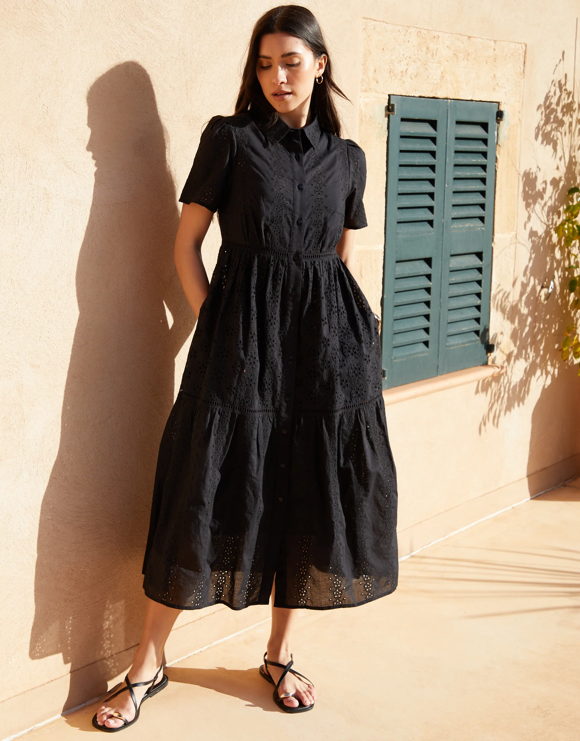 Short Sleeve Collared Broderie Maxi Shirt Dress in Black - Image 4