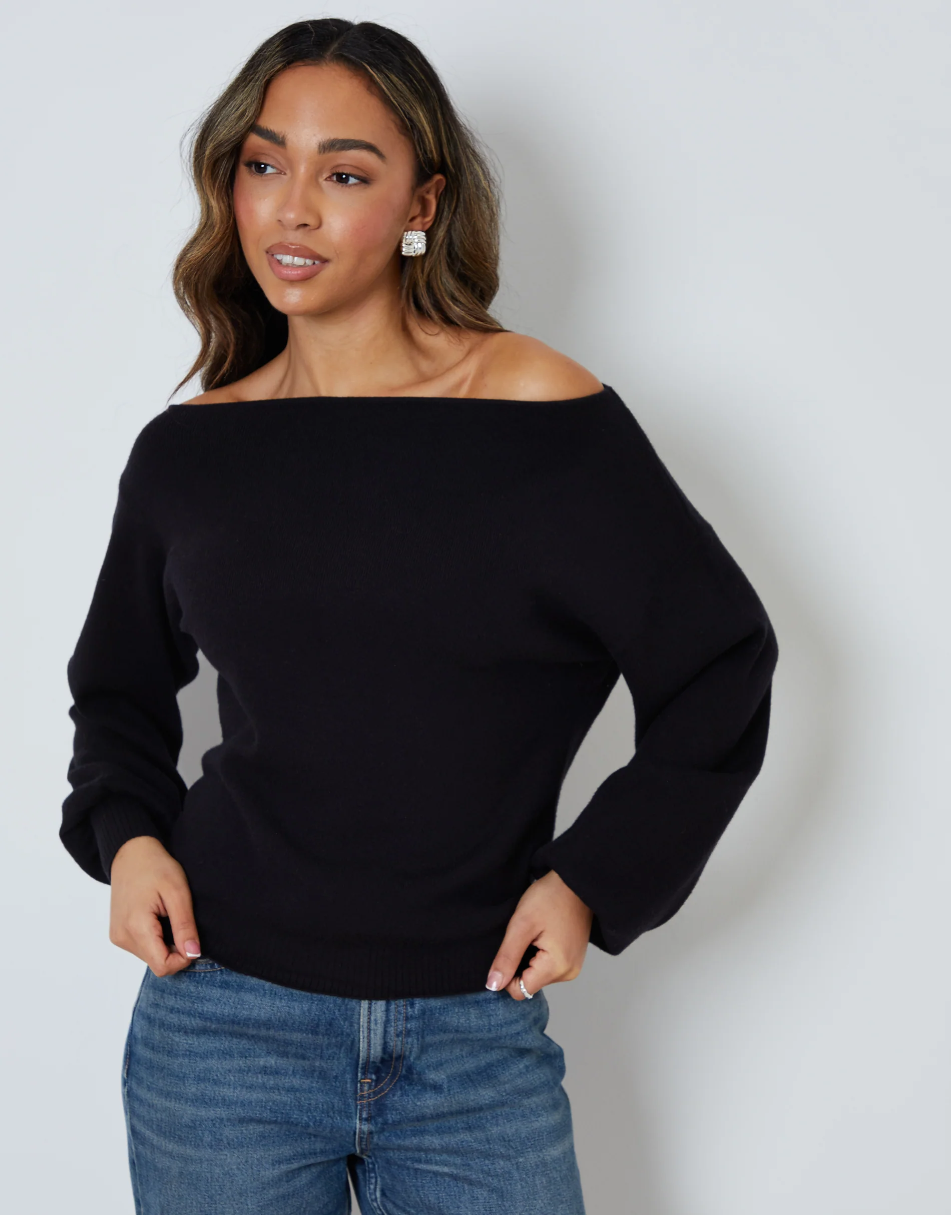Soft Slash Neck Jumper in Black - Image 5