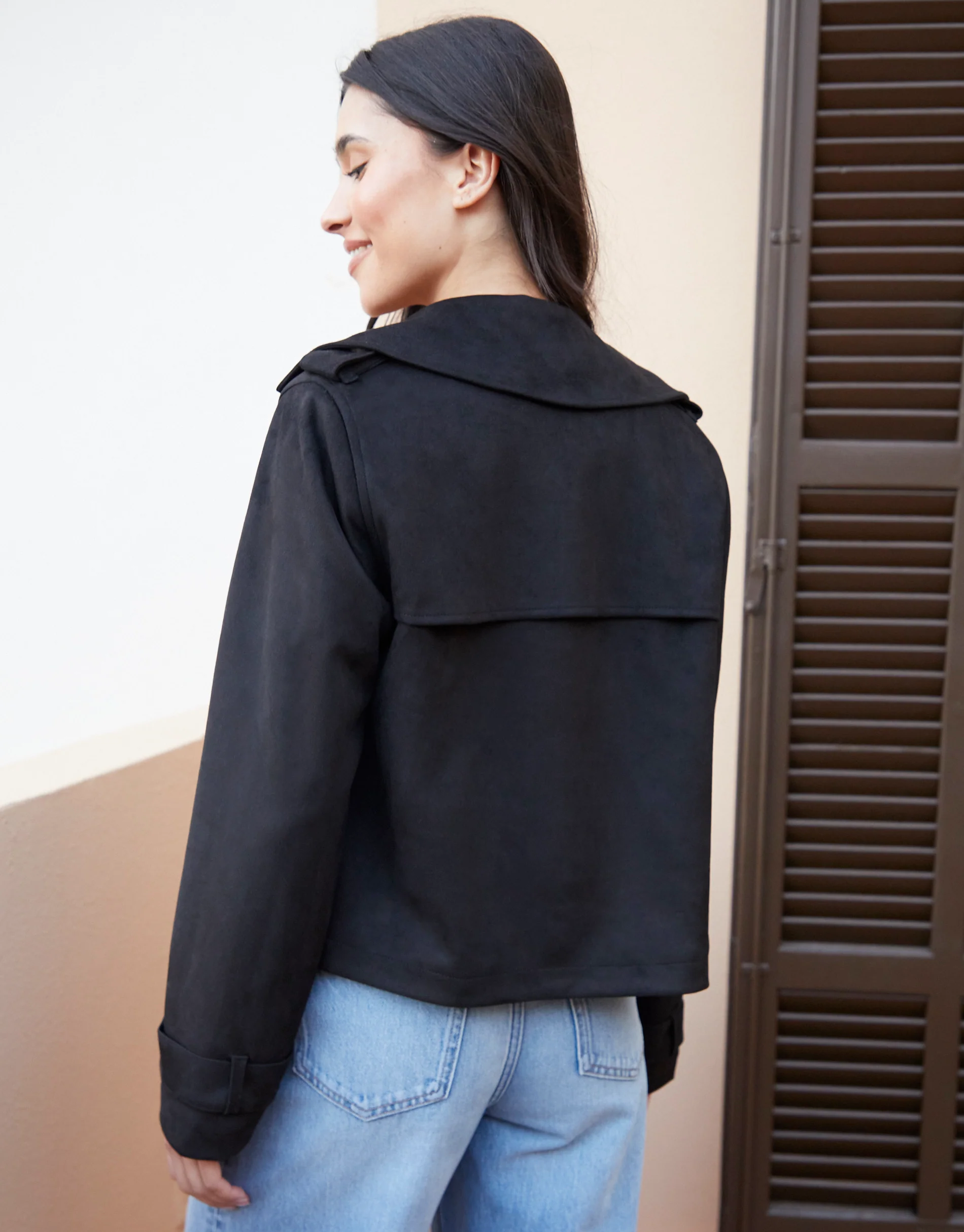 Suedette Cropped Trench Coat in Black - Image 2