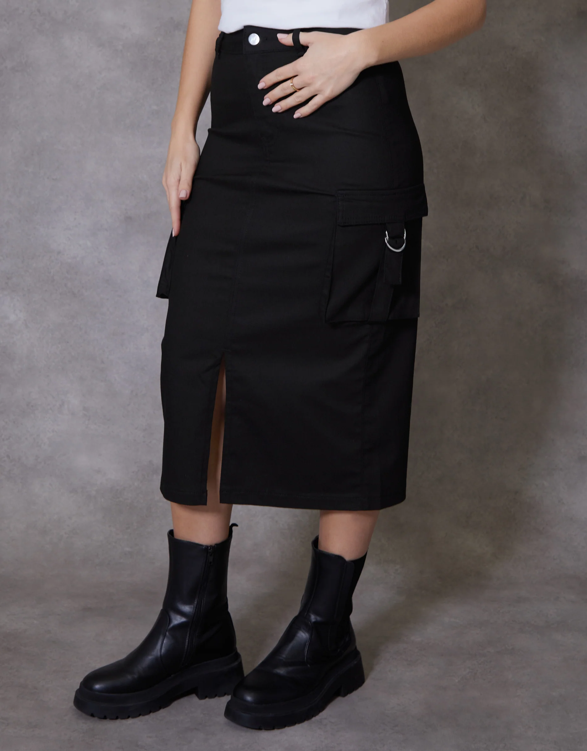 Utility Cargo Midi Skirt in Black - Image 2