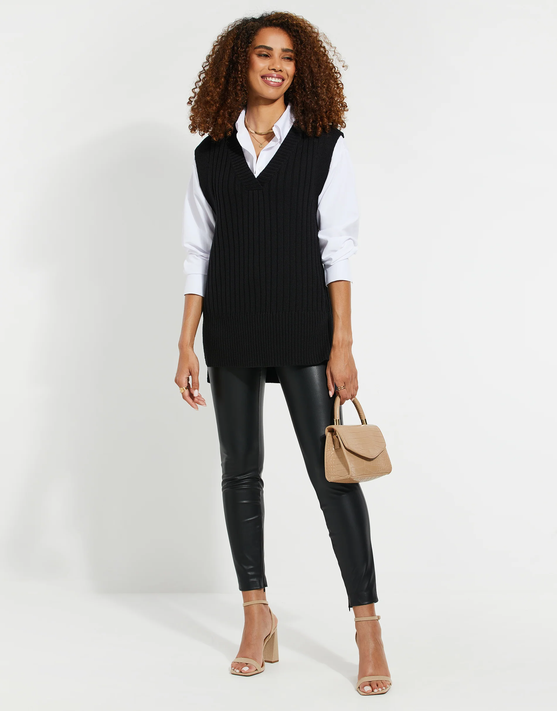 V-Neck Ribbed Knitted Sweater Vest in Black - Image 3