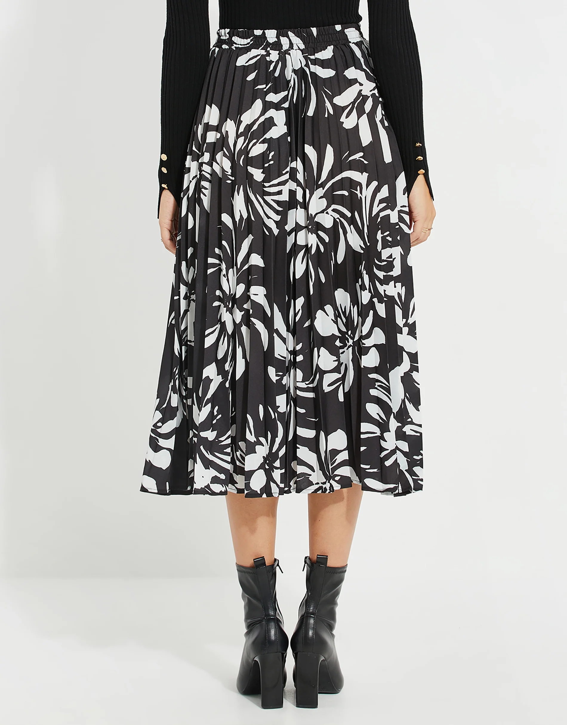 Floral Pleated Skirt in Black & White - Image 2
