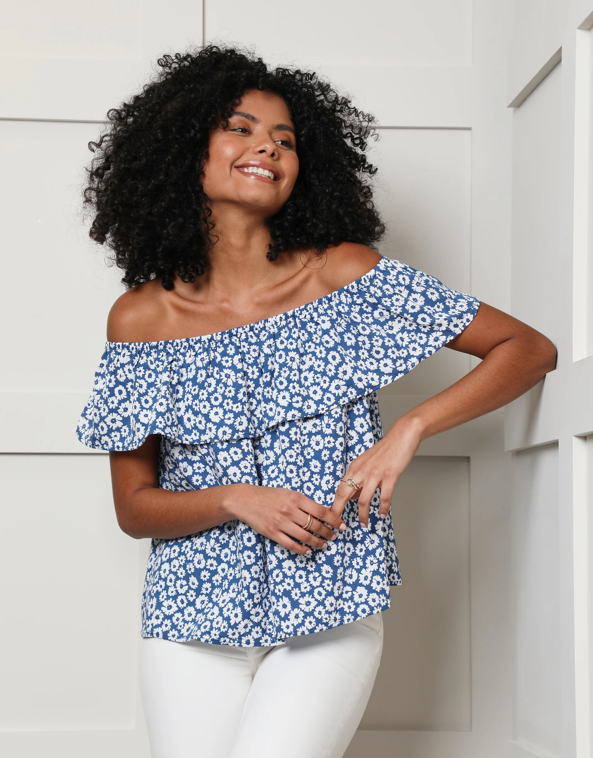 Ditsy Floral Print Off The Shoulder Bardot Top in Blue - Image 4
