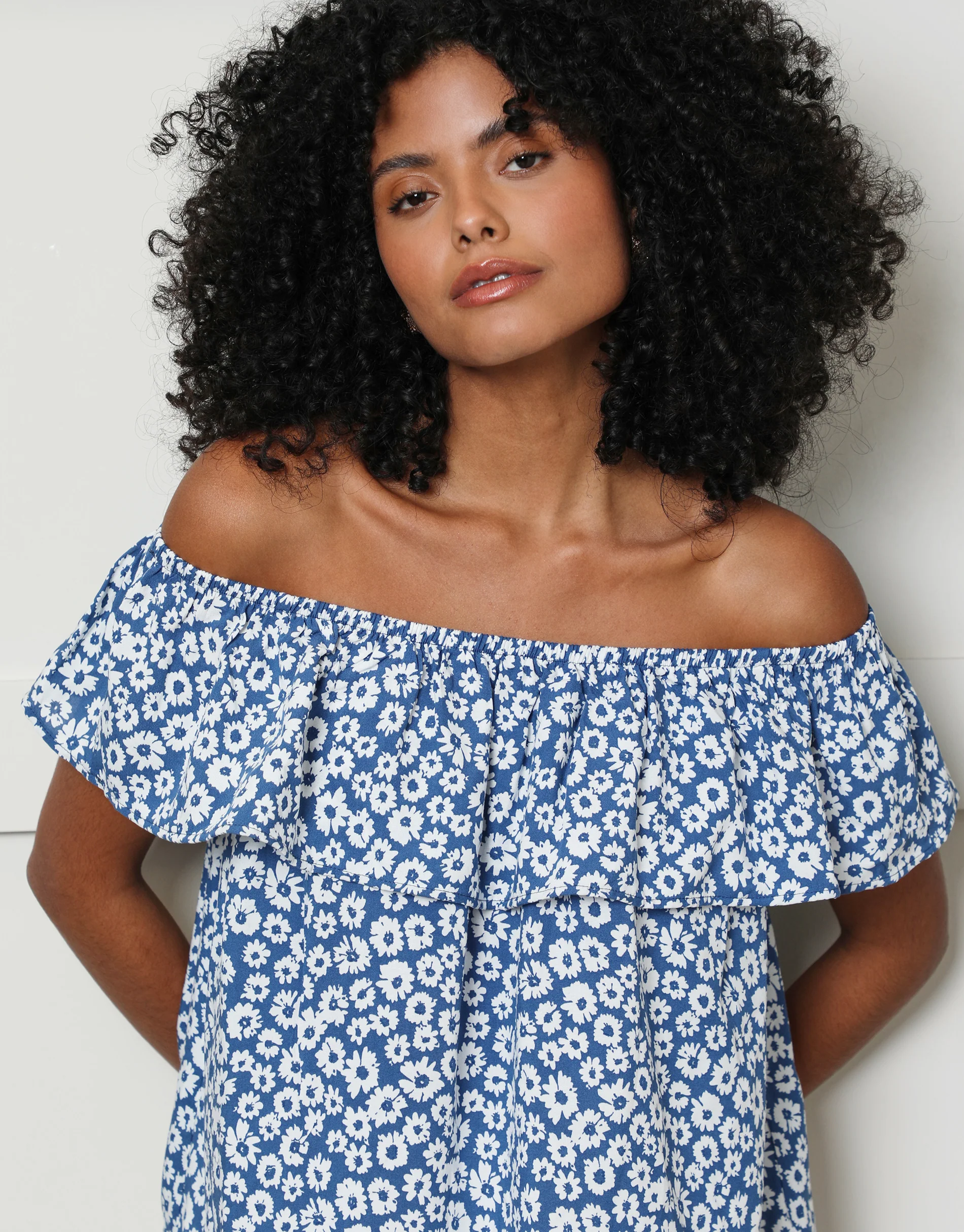 Ditsy Floral Print Off The Shoulder Bardot Top in Blue - Image 5