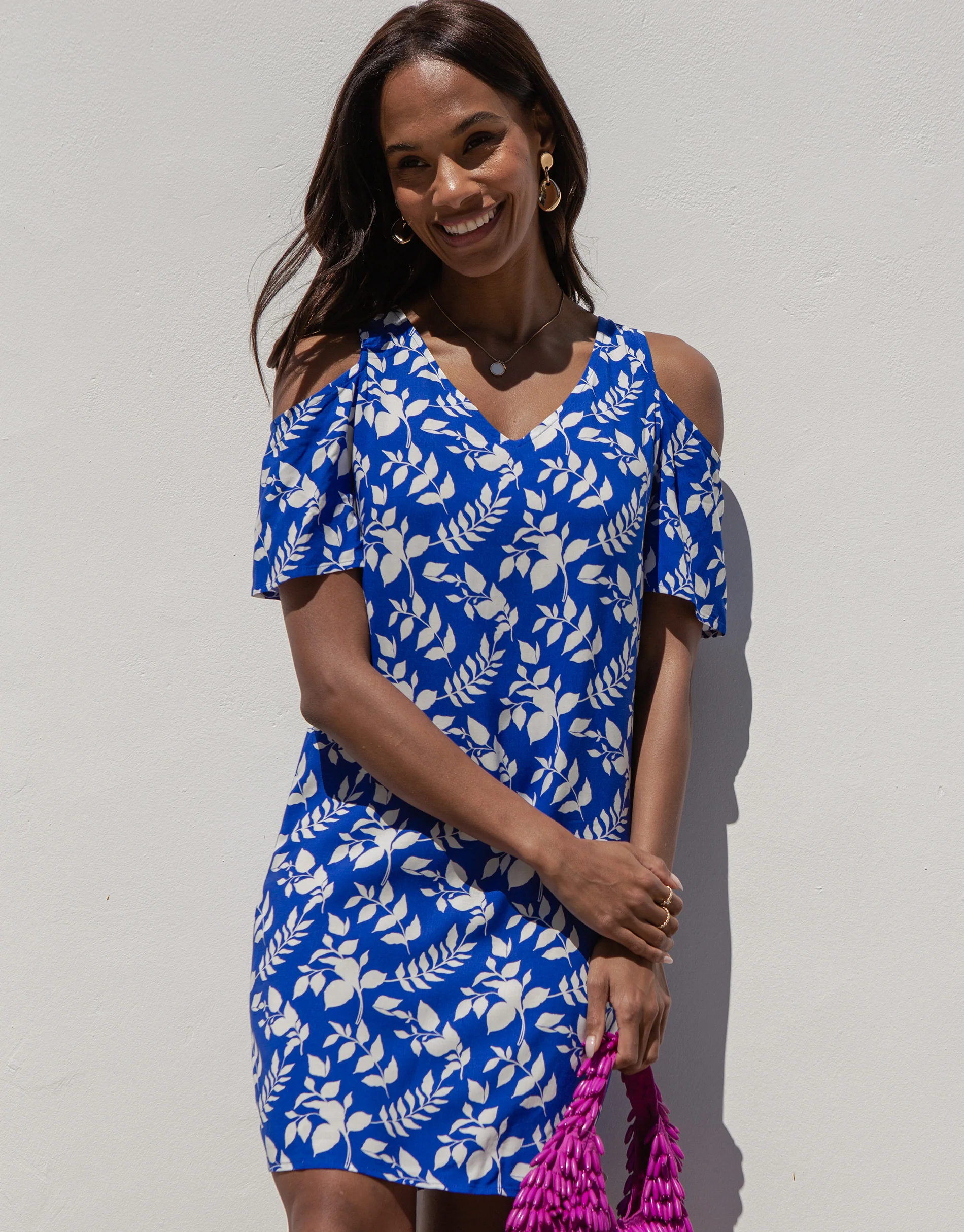 Leaf Print Cold Shoulder Shift Dress in Blue