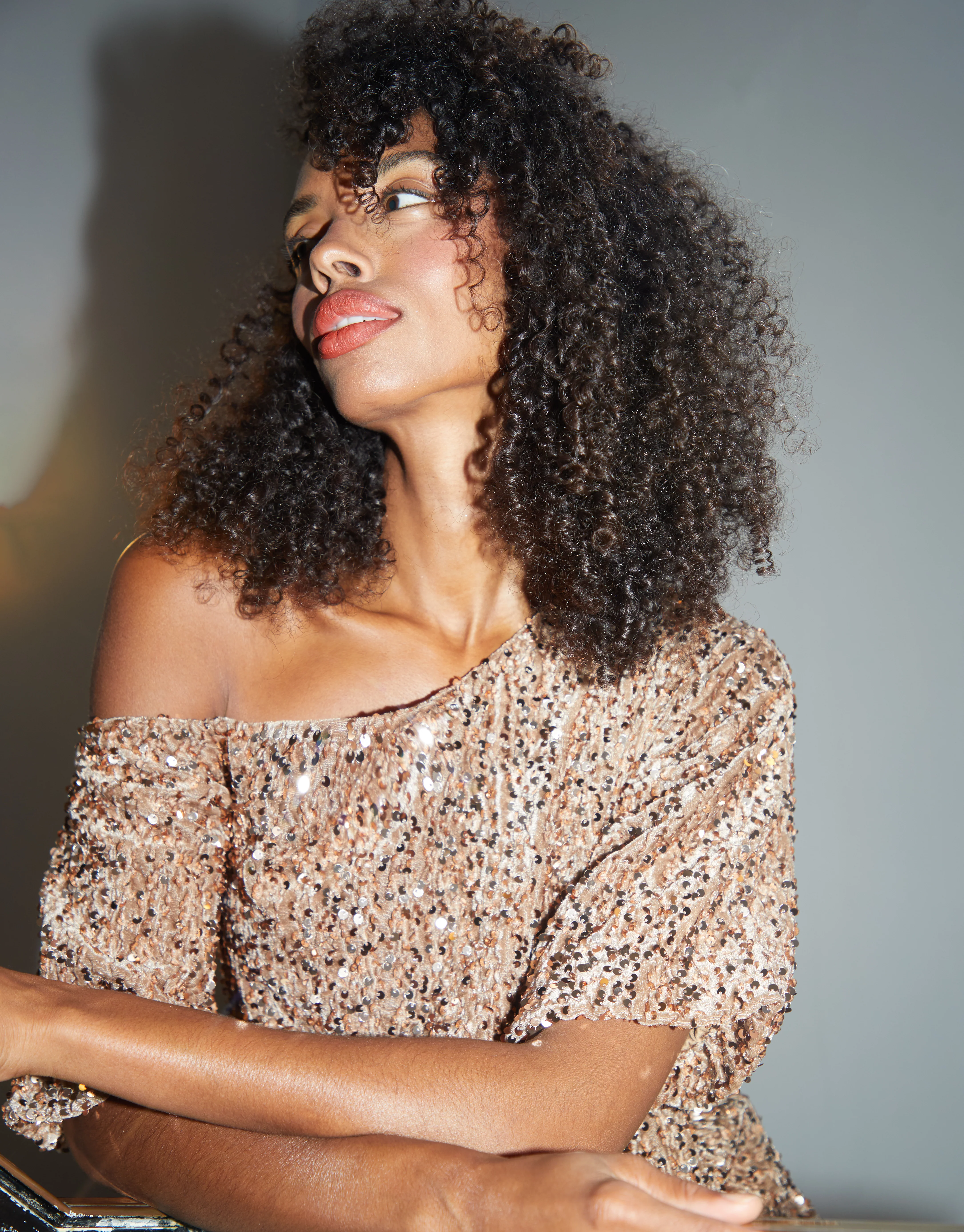 Sequin Velour Drop Shoulder Top in Bronze - Image 4