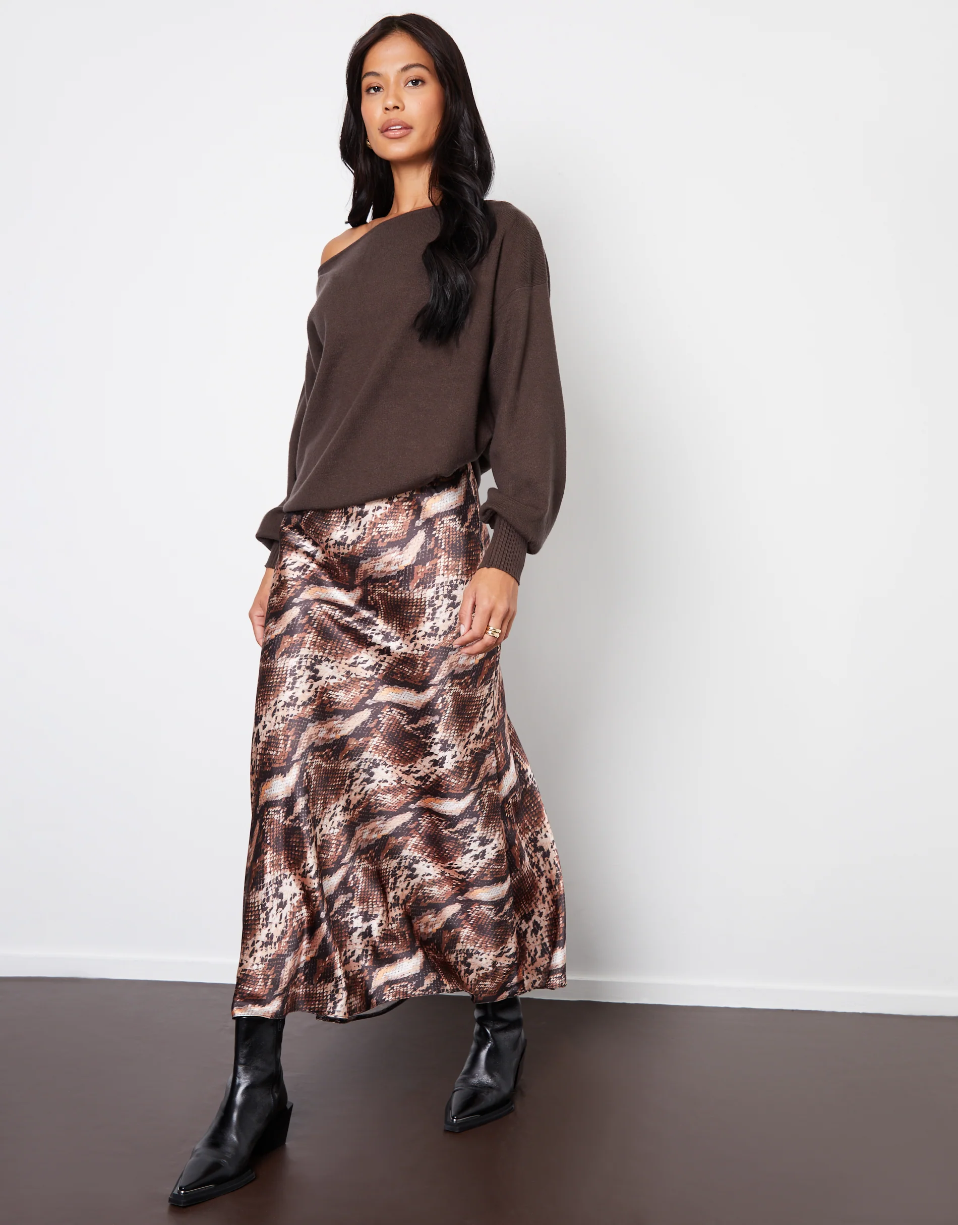 Snake Print Maxi Satin Slip Skirt in Brown Snake