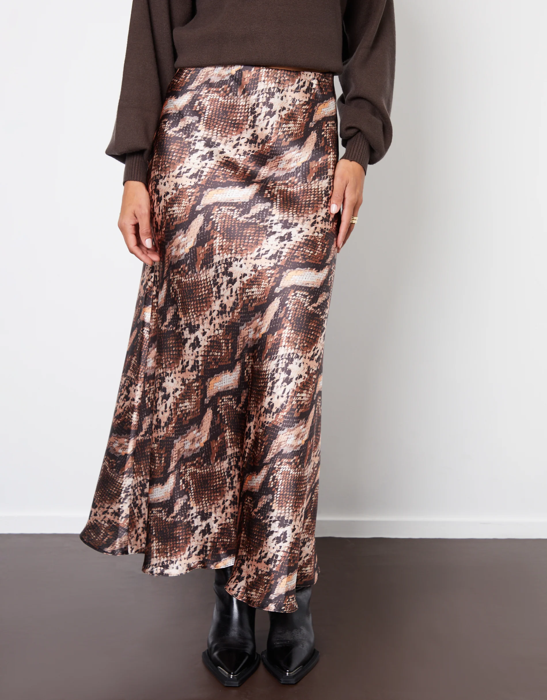 Snake Print Maxi Satin Slip Skirt in Brown Snake - Image 2