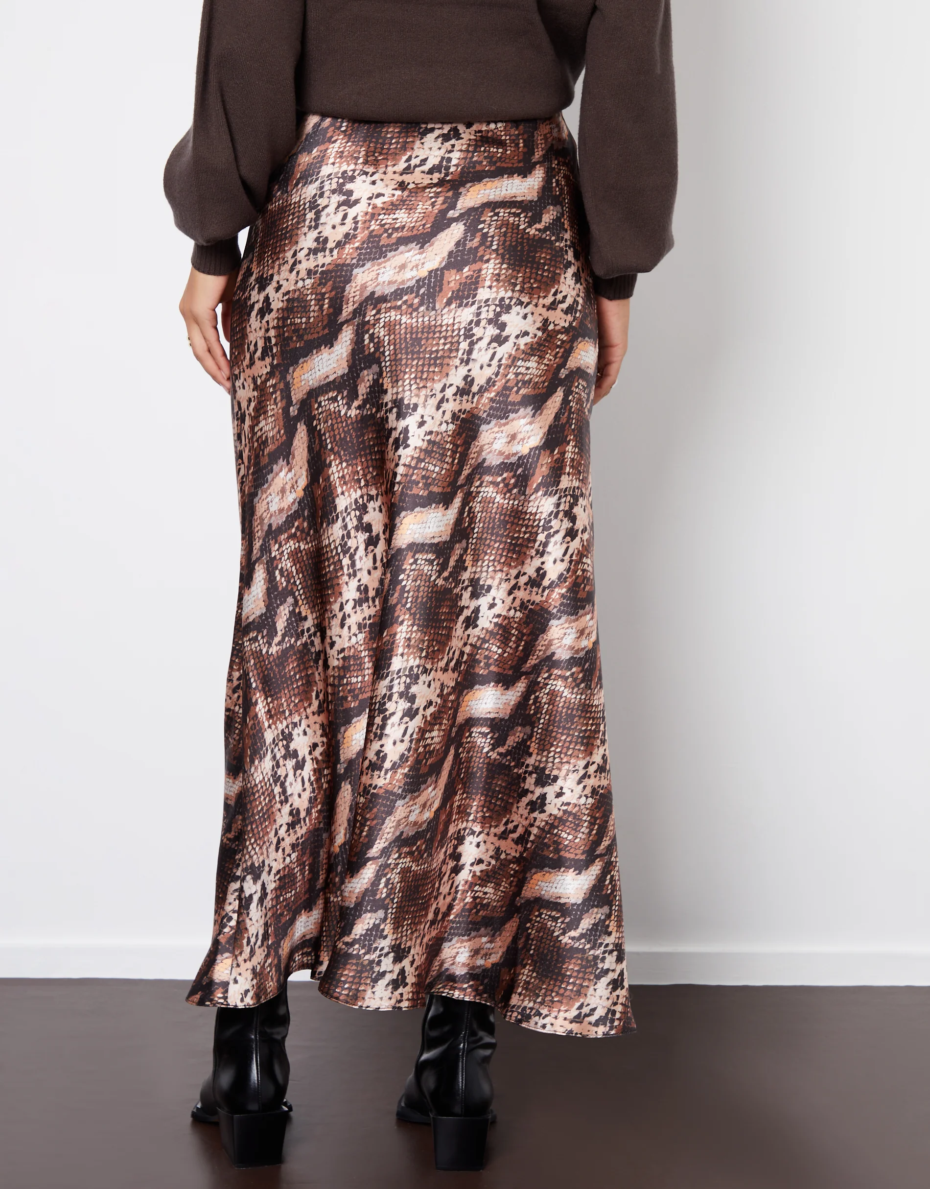 Snake Print Maxi Satin Slip Skirt in Brown Snake - Image 3