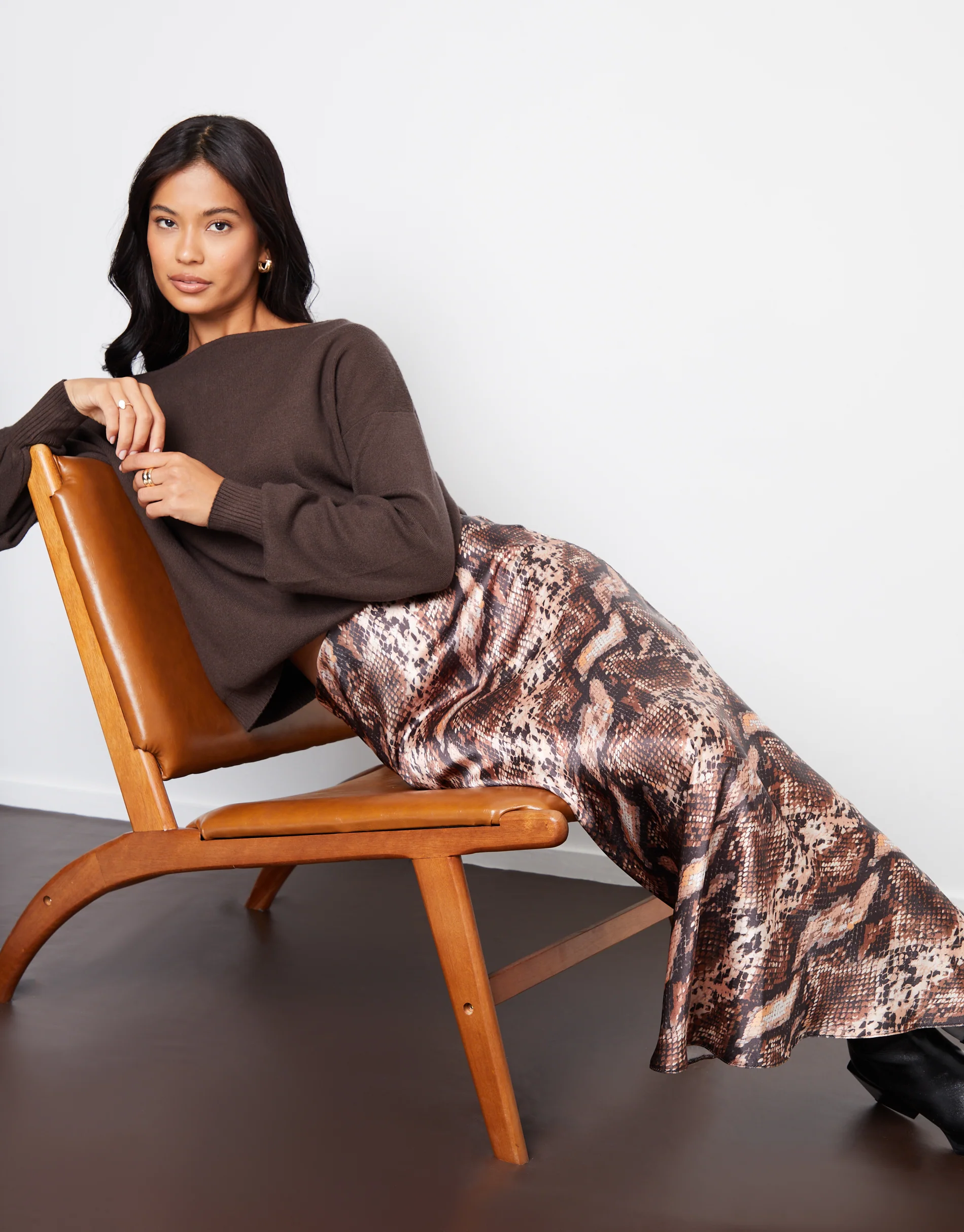 Snake Print Maxi Satin Slip Skirt in Brown Snake - Image 4