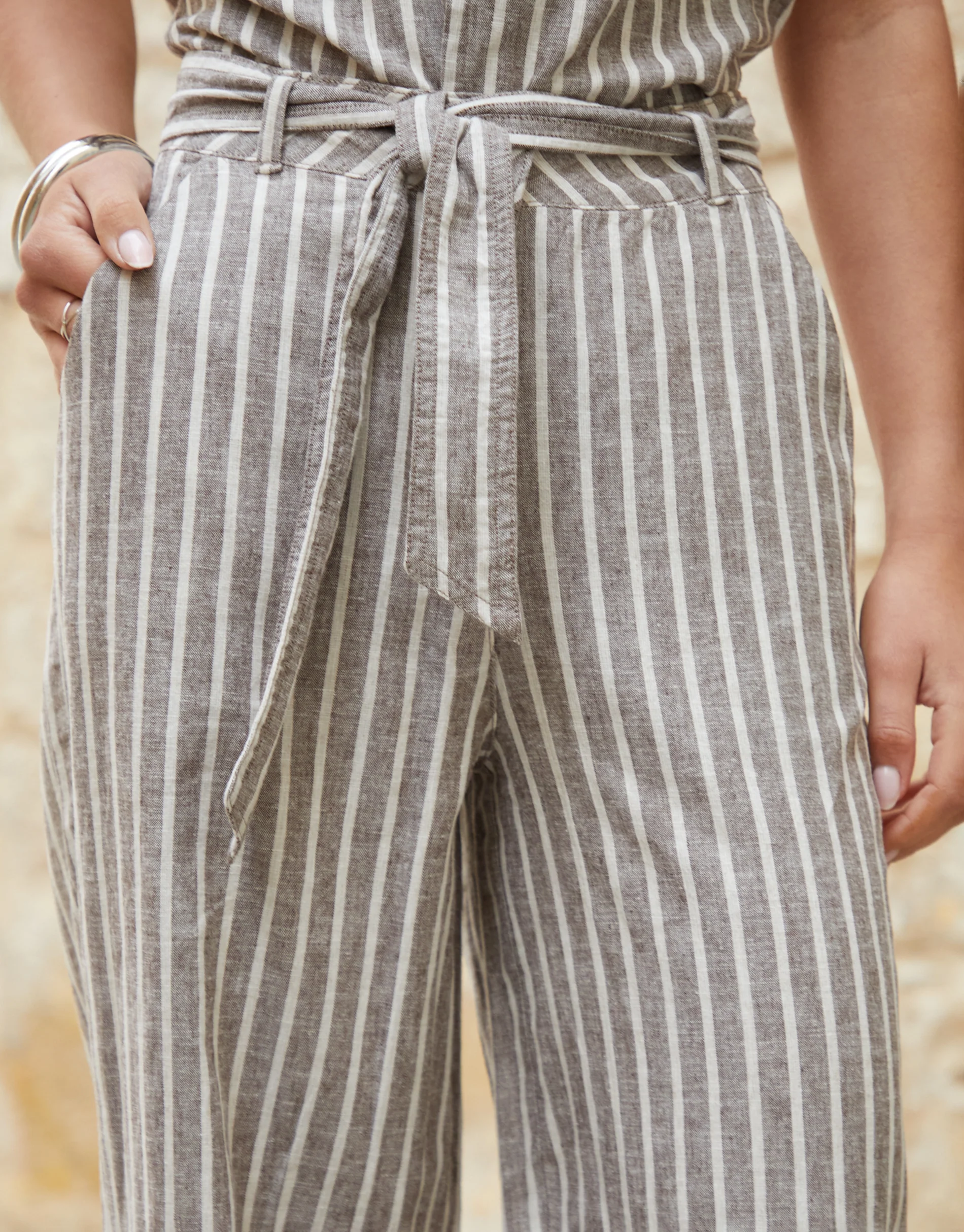 Wide Leg Stripe Belted Linen Blend Trousers in Brown - Image 2