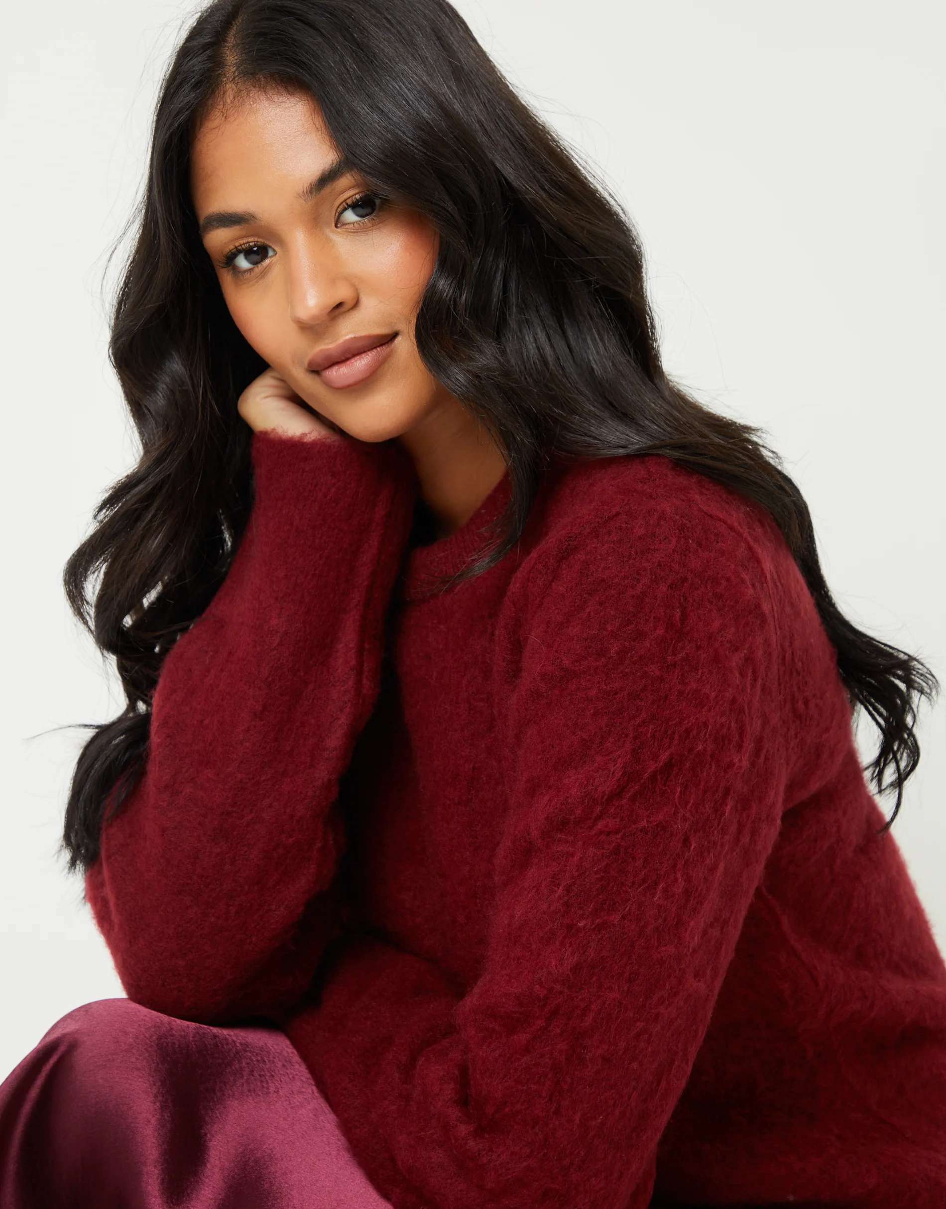 Brushed Knitted Jumper in Burgundy - Image 2