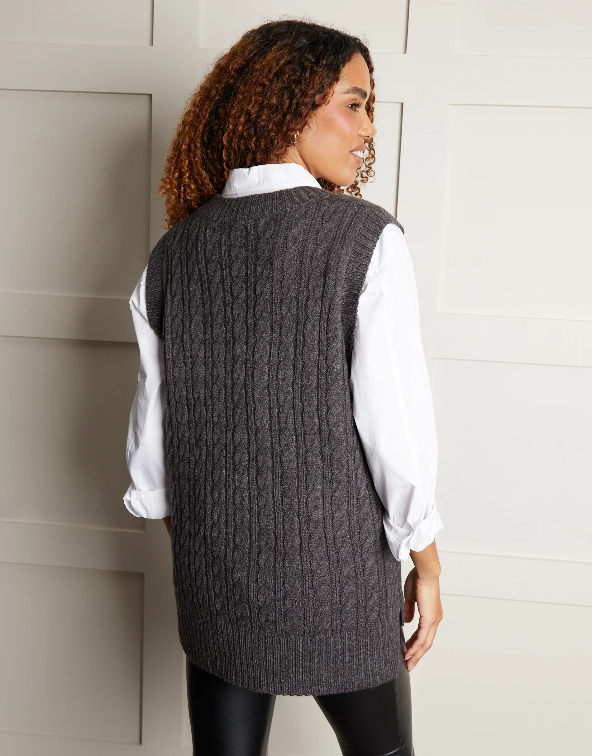 Cable Knit Vest in Charcoal Grey - Image 2