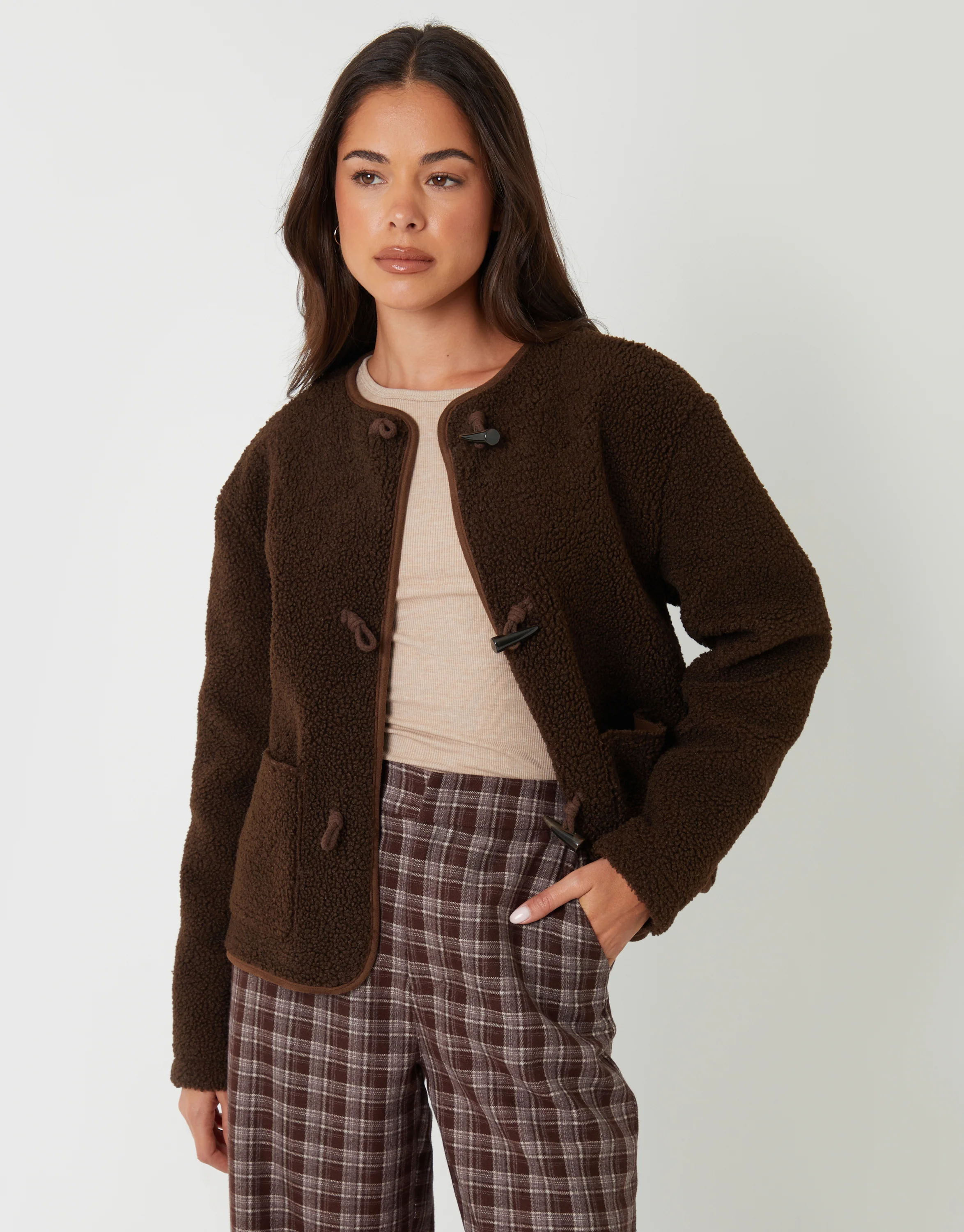 Fleece Borg Toggle Jacket in Chocolate Brown