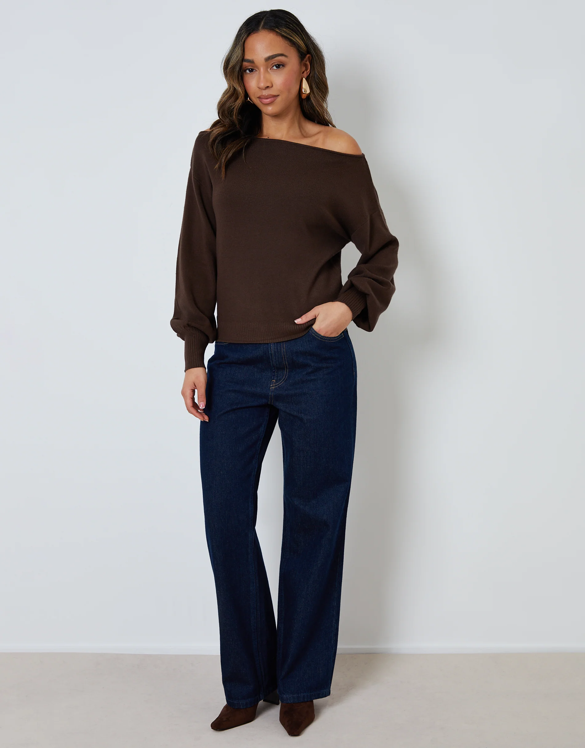 Soft Slash Neck Jumper in Chocolate Brown - Image 3