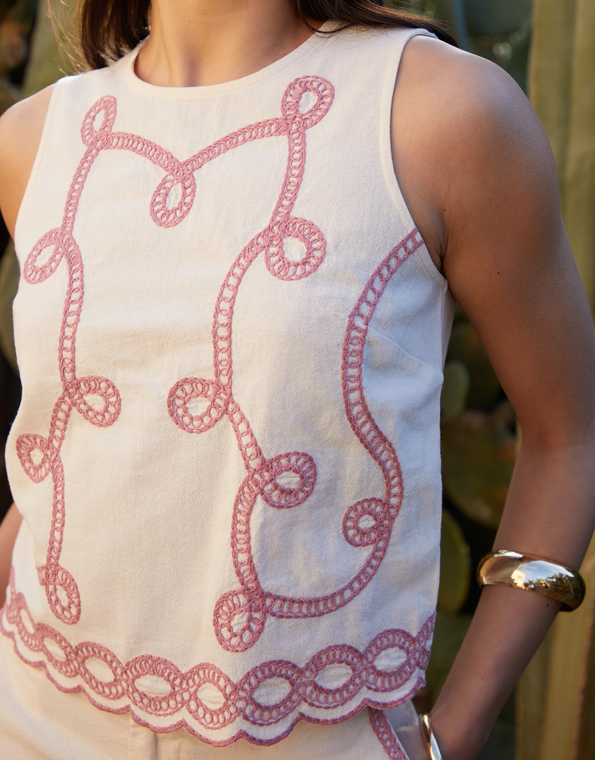 Cornelli Embroidered Button Back Shell Top in Cream - Image 3