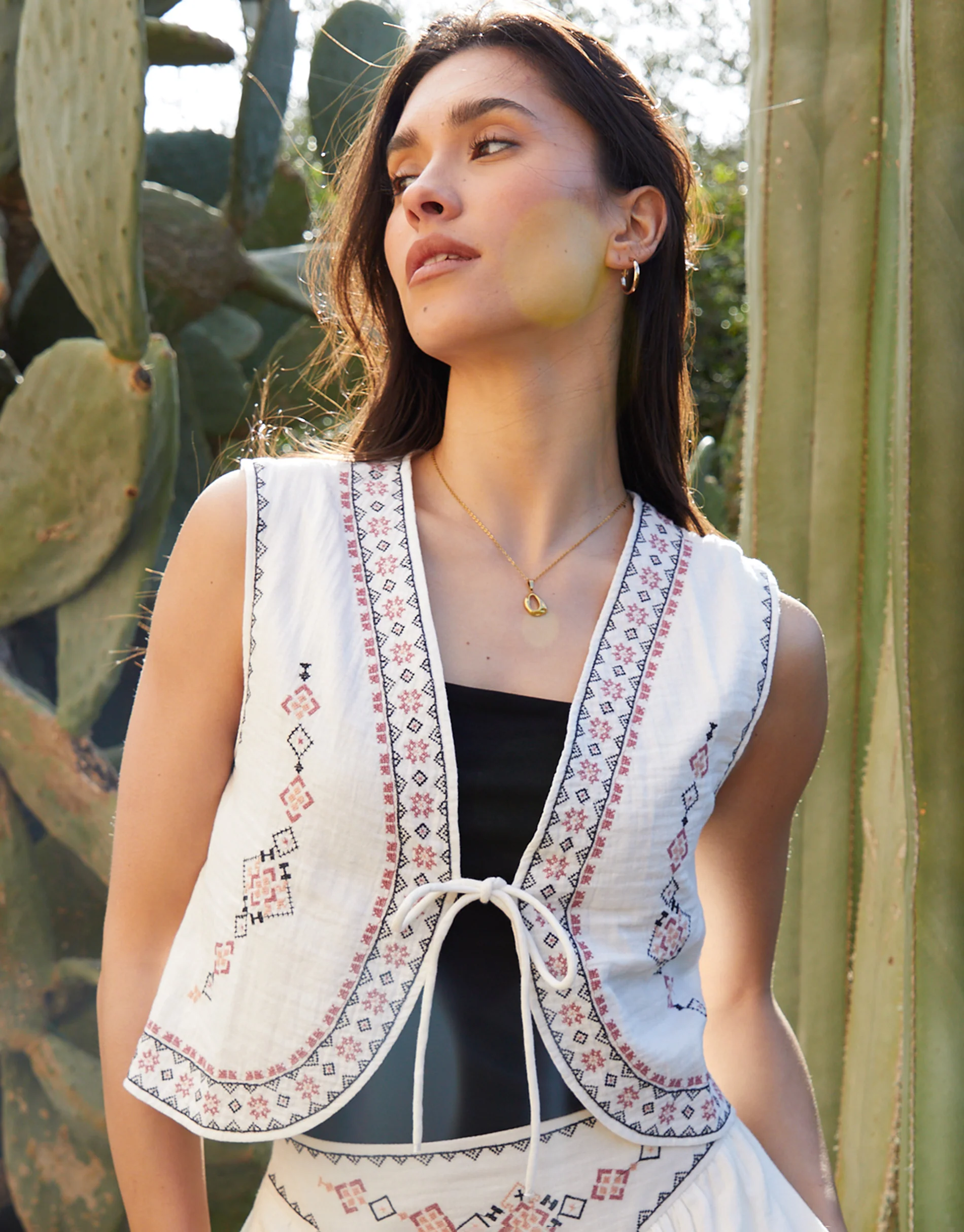 Embroidered Tie Front Waistcoat in Cream