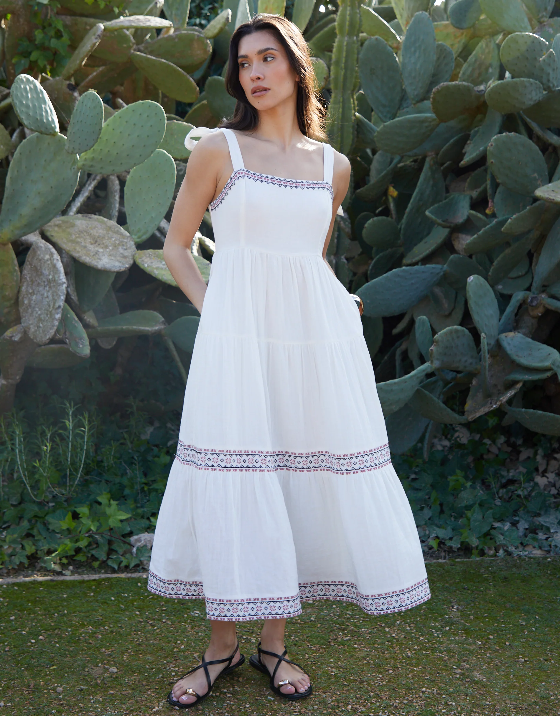 Embroidered Tiered Maxi Dress in Cream