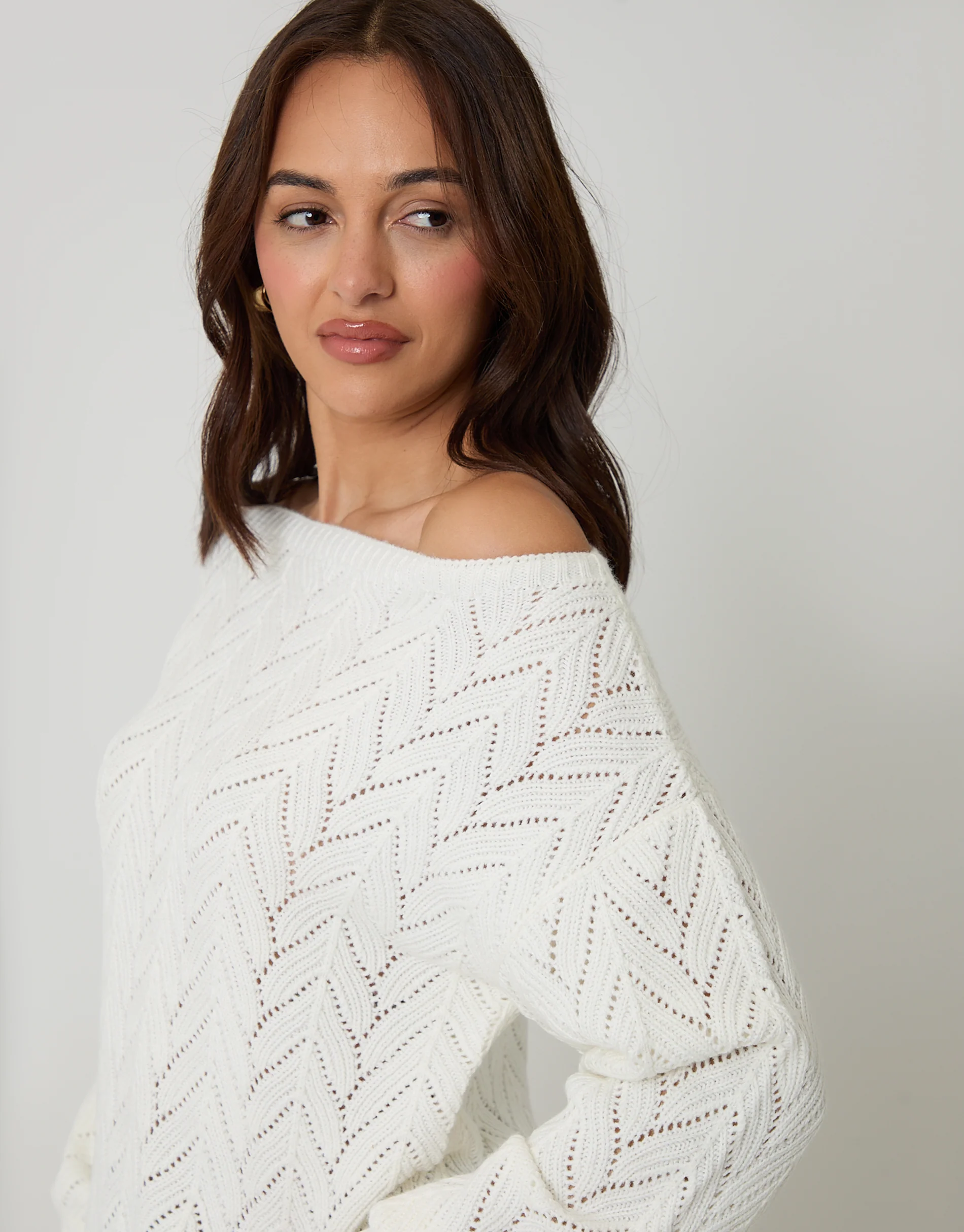 Pointelle Knit Slash Neck Jumper in Cream - Image 4