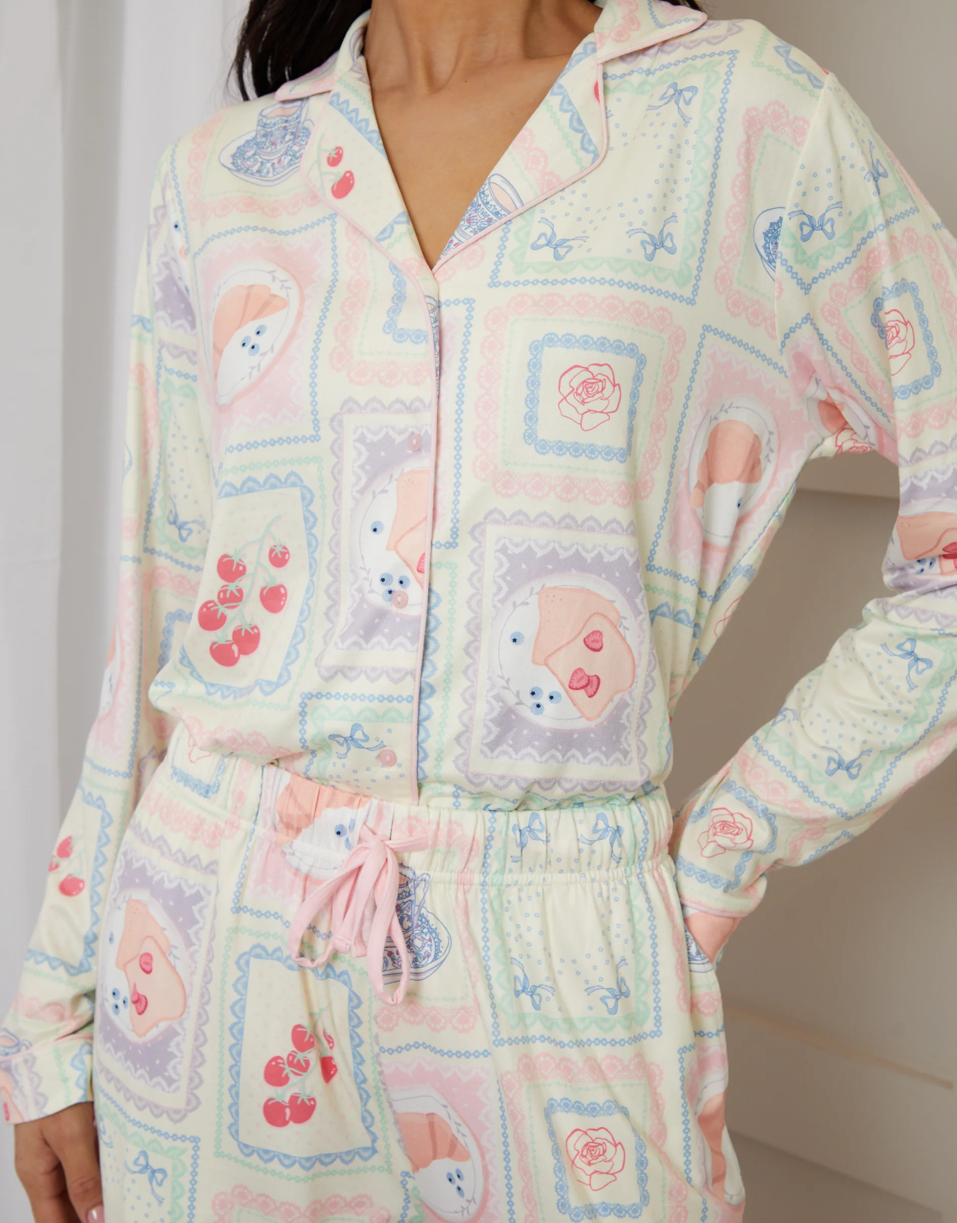Printed Long Button-Through Pyjama Set in Cream - Image 2