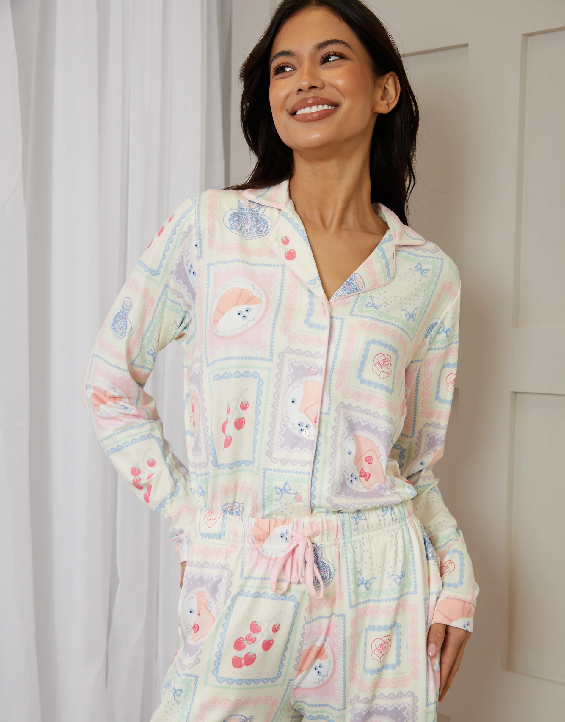 Printed Long Button-Through Pyjama Set in Cream - Image 4