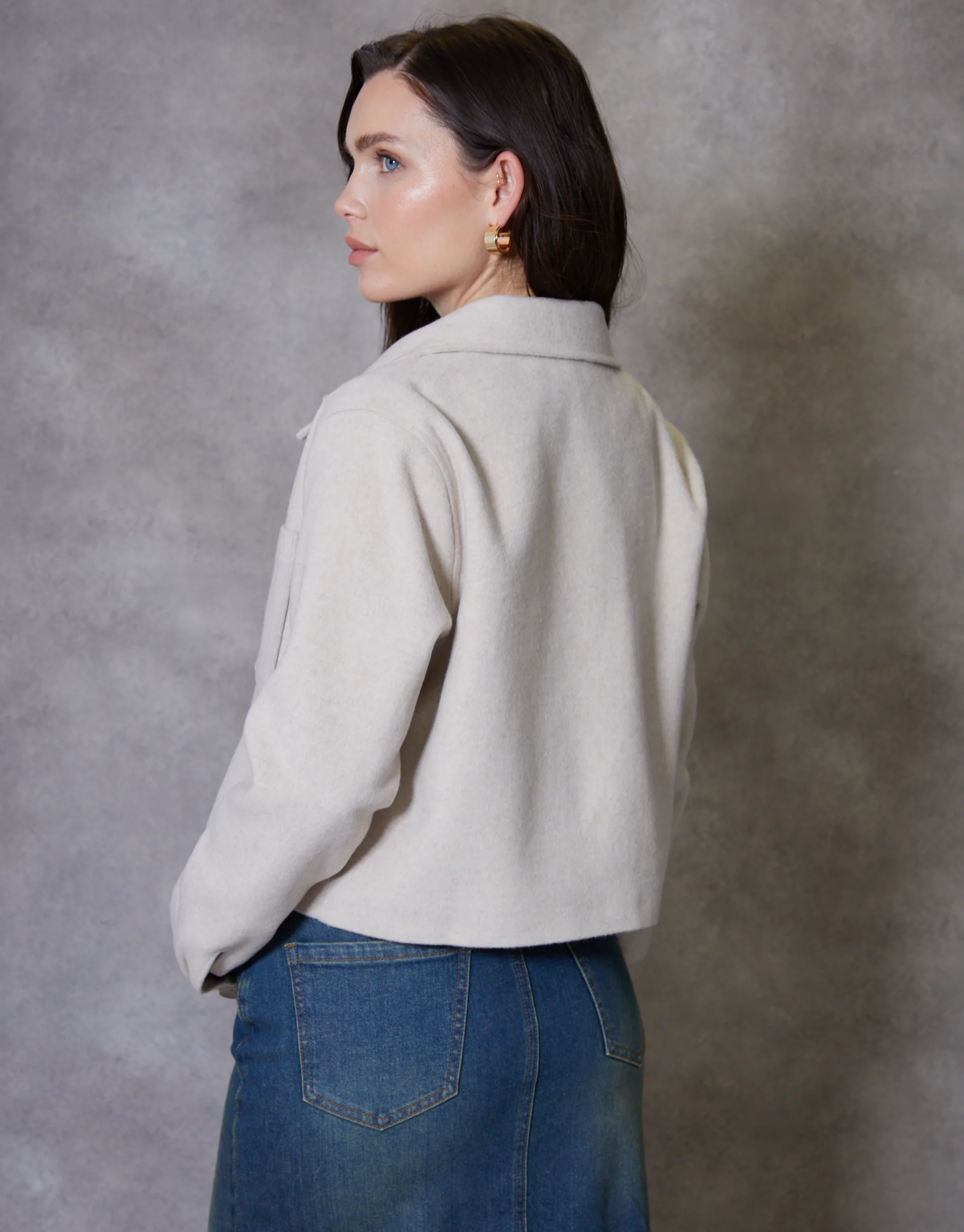 Cropped Brushed Shacket in Ecru - Image 3