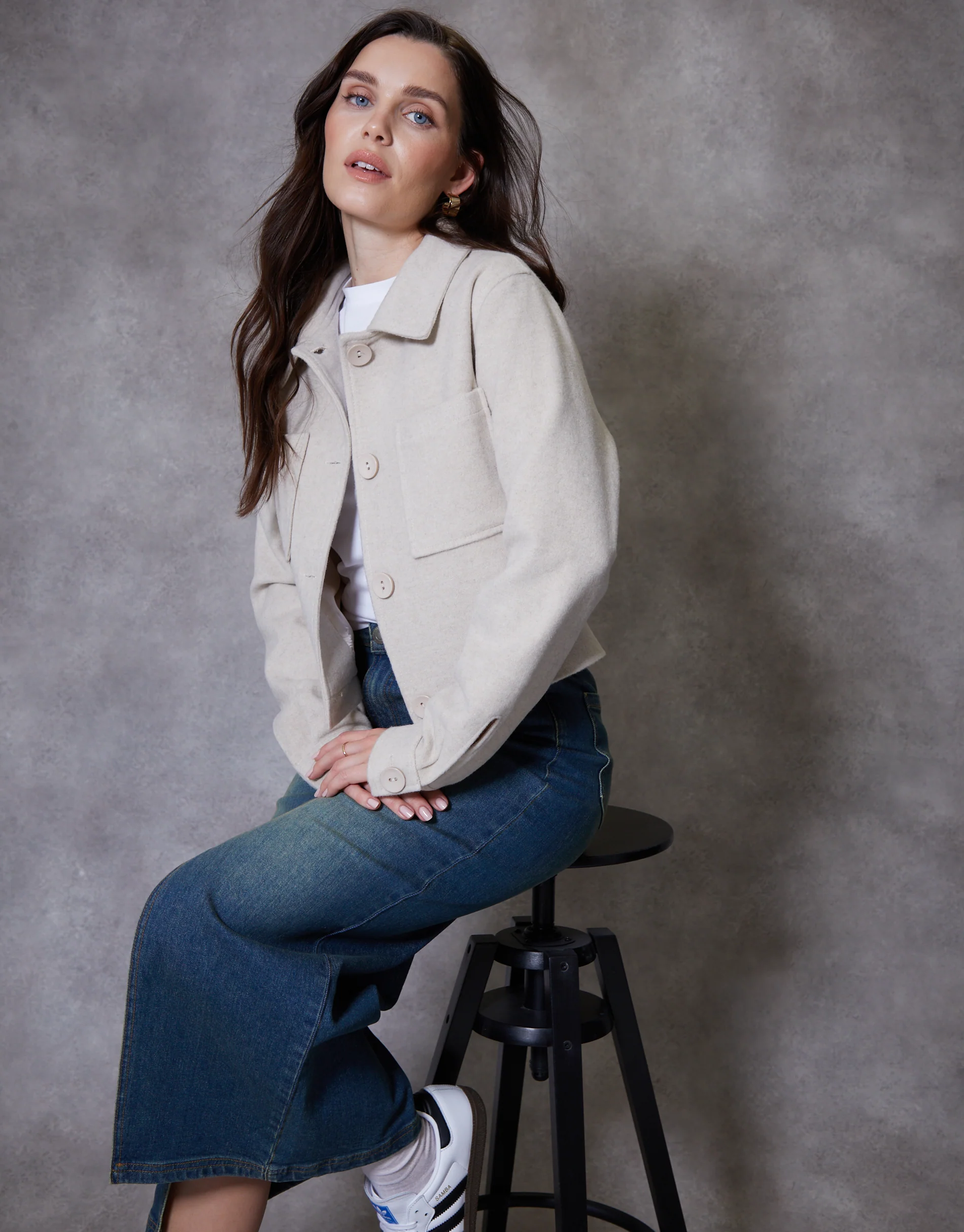 Cropped Brushed Shacket in Ecru - Image 4