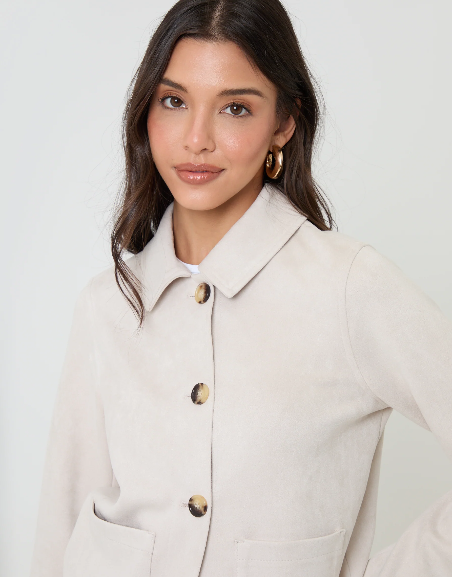 Cropped Button Up Suedette Shacket in Ecru - Image 4