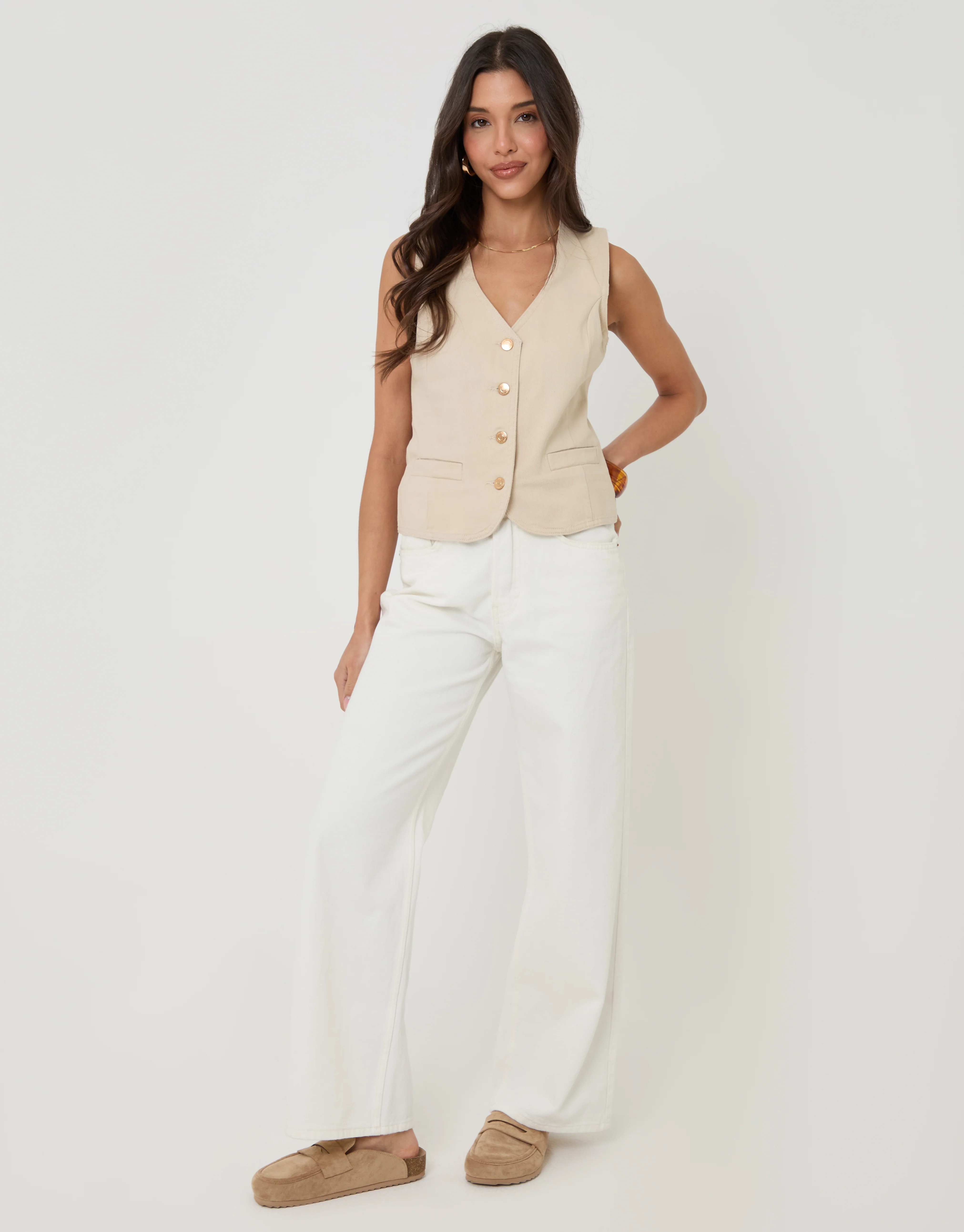 Fitted Denim Waistcoat in Ecru - Image 3