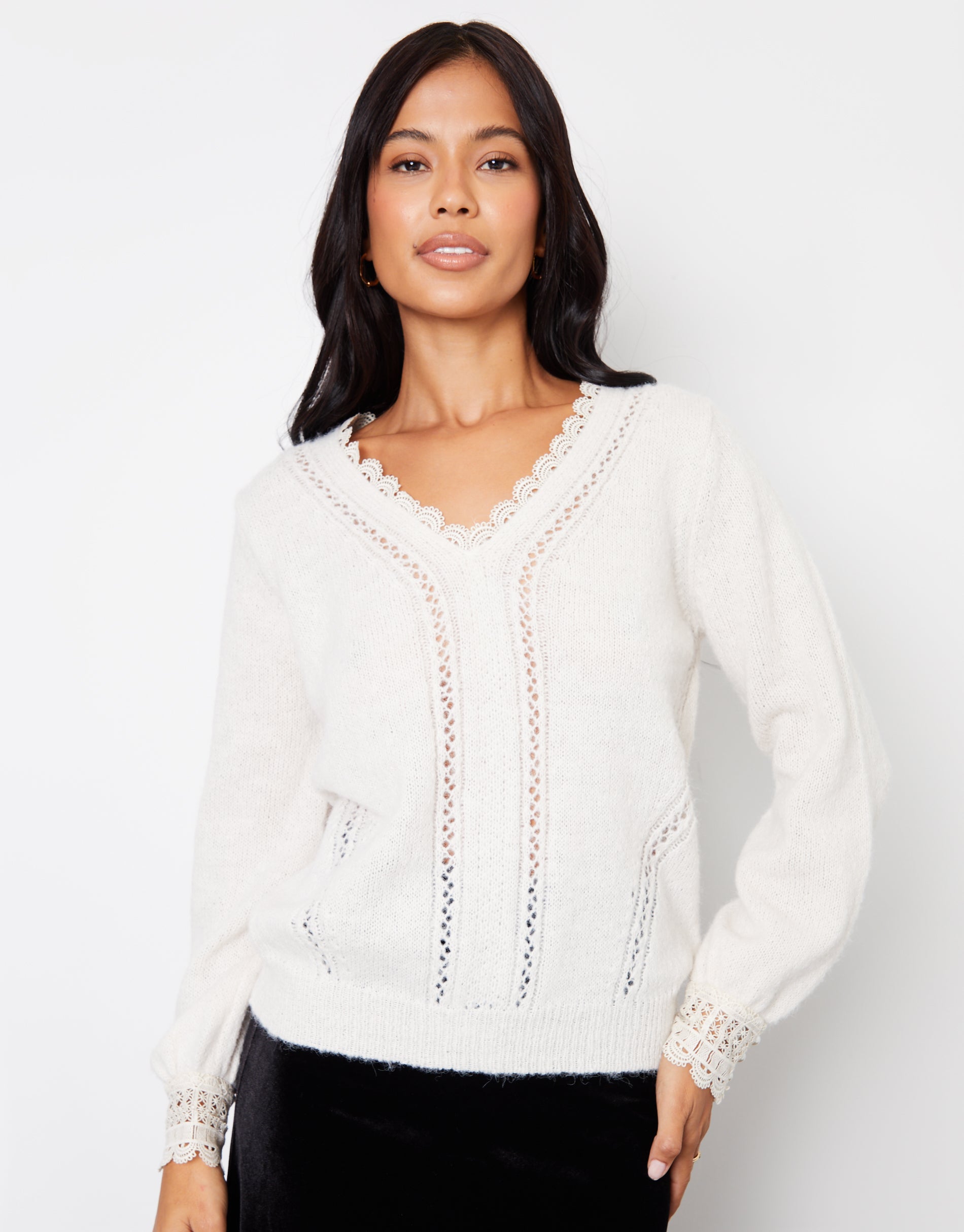 Lace Trim V Neck Knitted Jumper in Ecru