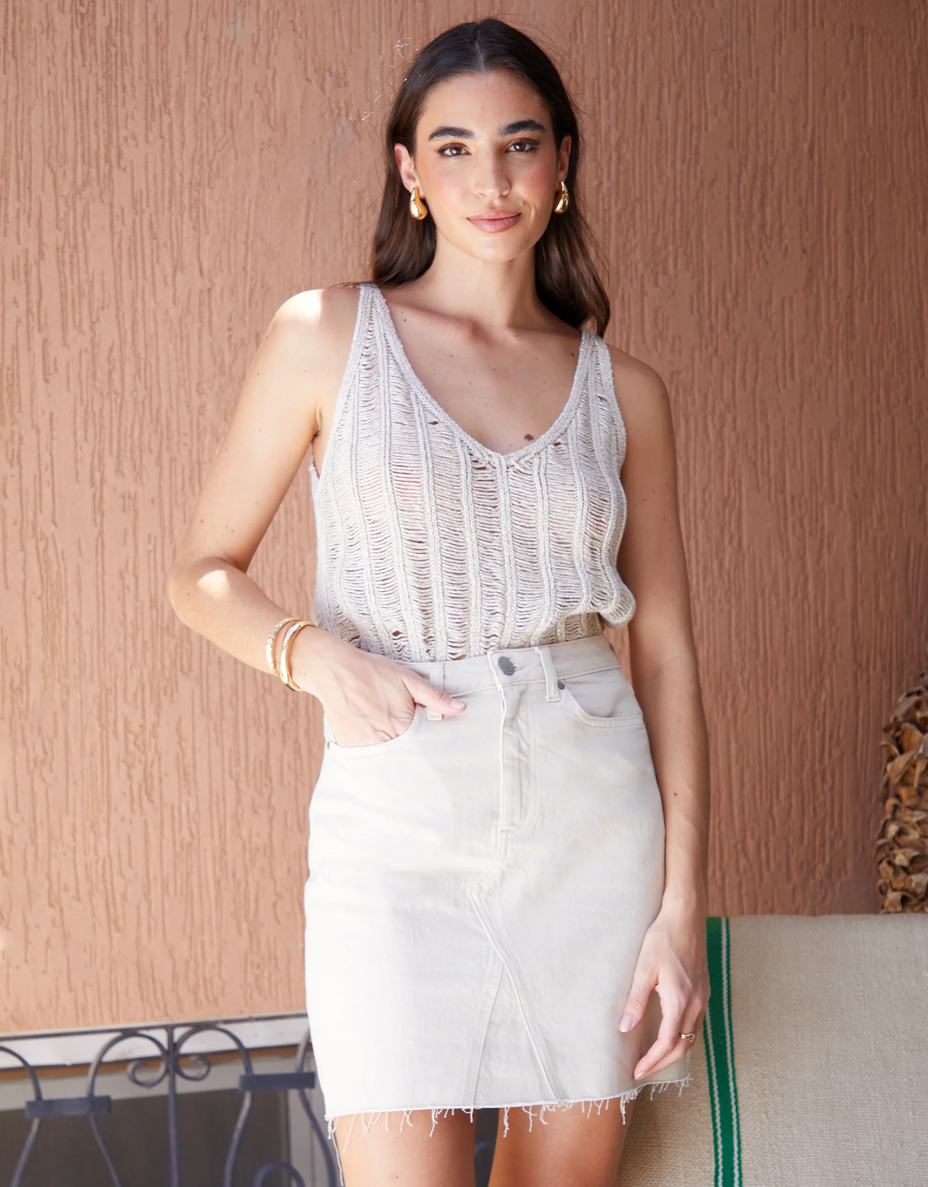 Raw Hem Denim Mini Skirt in Ecru - Image 4