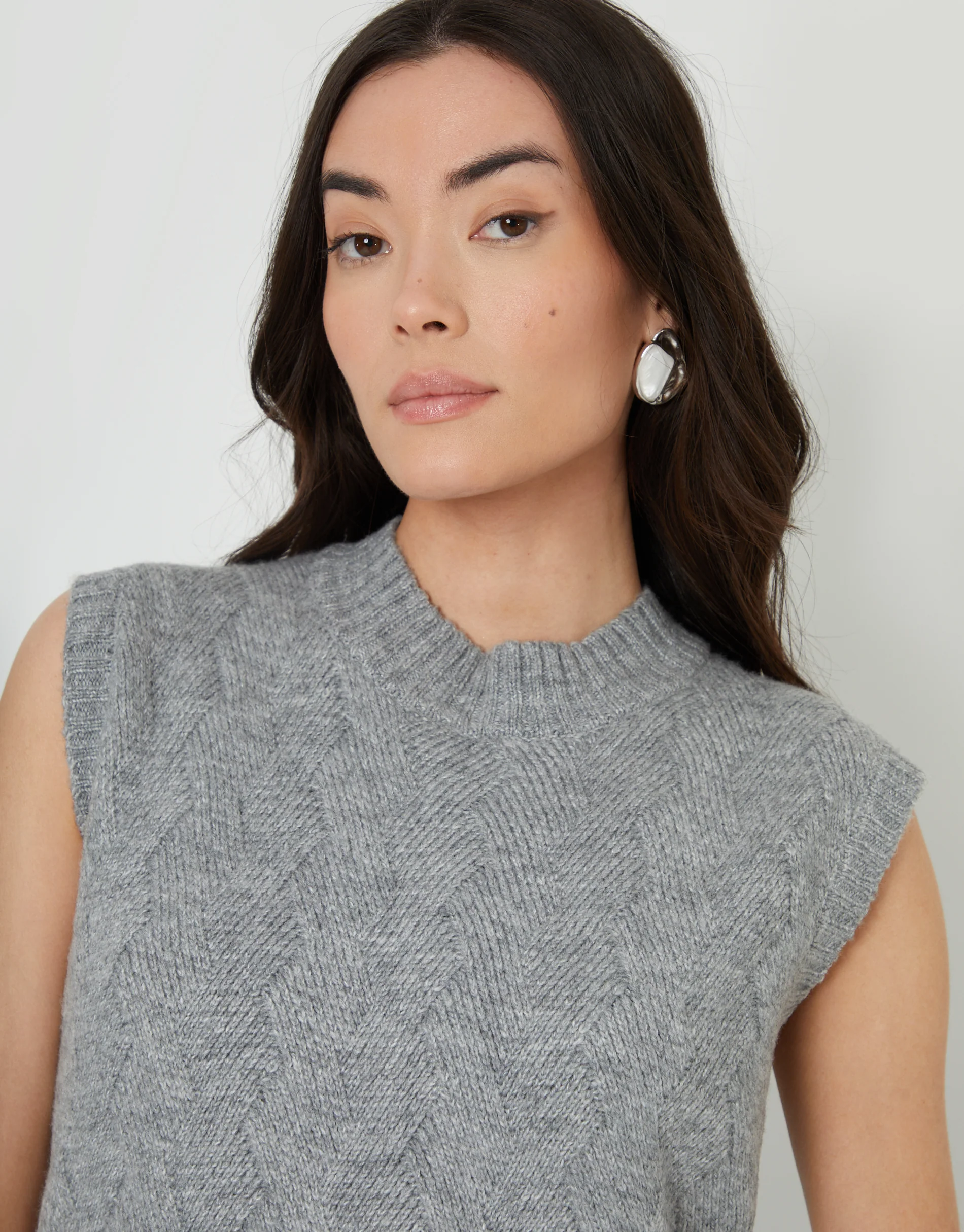 Basket Stitch Knitted High Neck Vest in Grey - Image 3