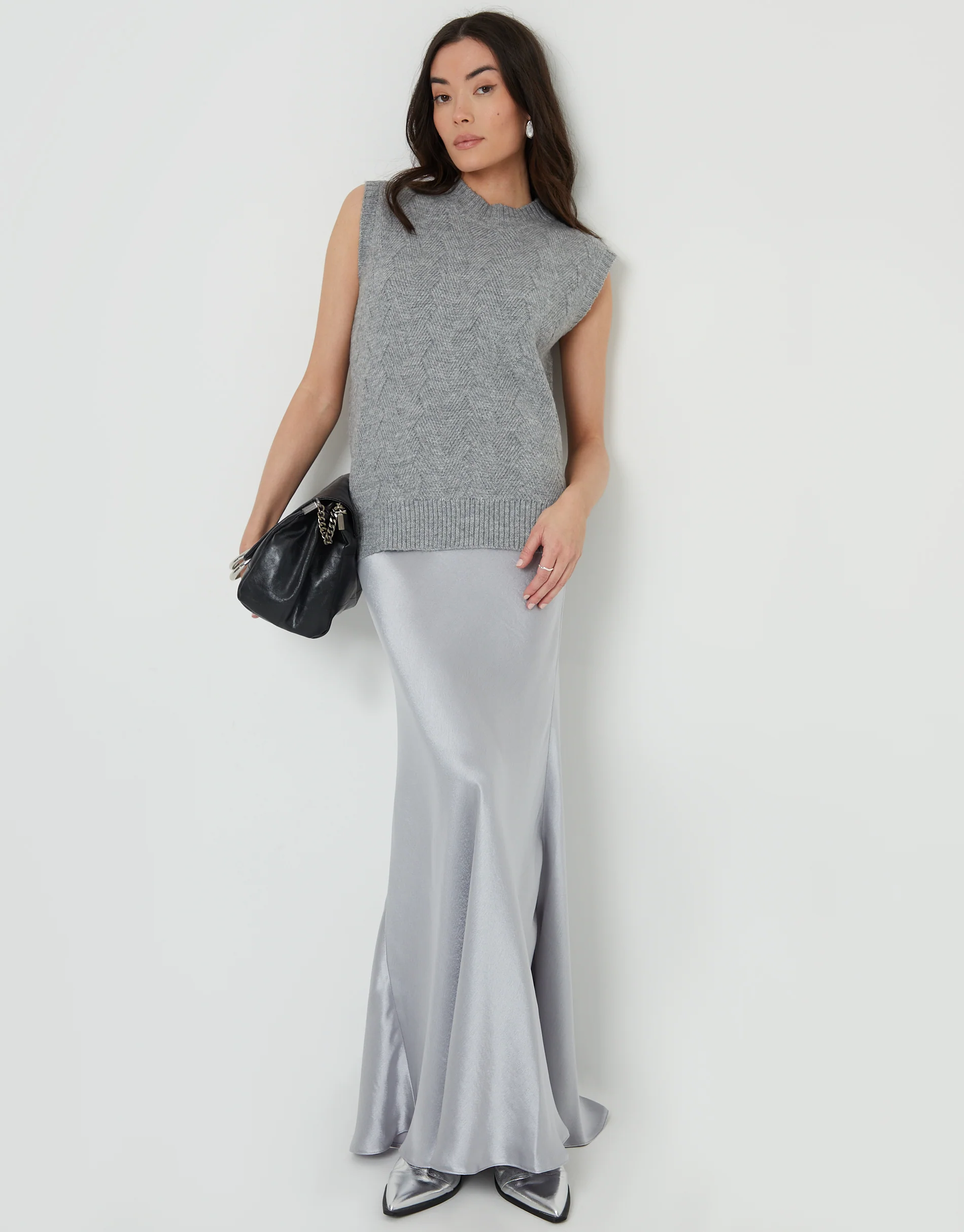 Basket Stitch Knitted High Neck Vest in Grey - Image 4